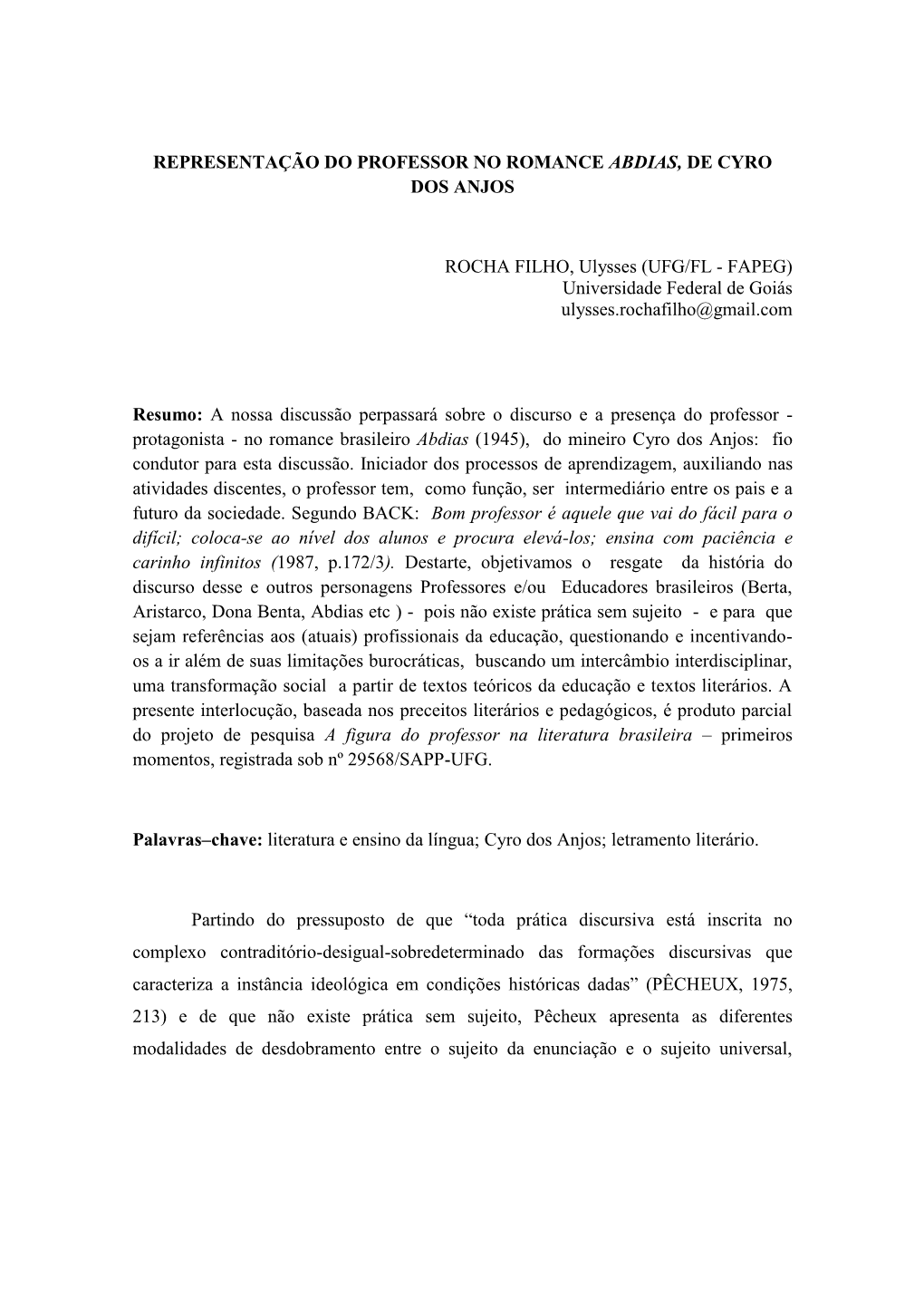 Representação Do Professor No Romance Abdias, De Cyro Dos Anjos