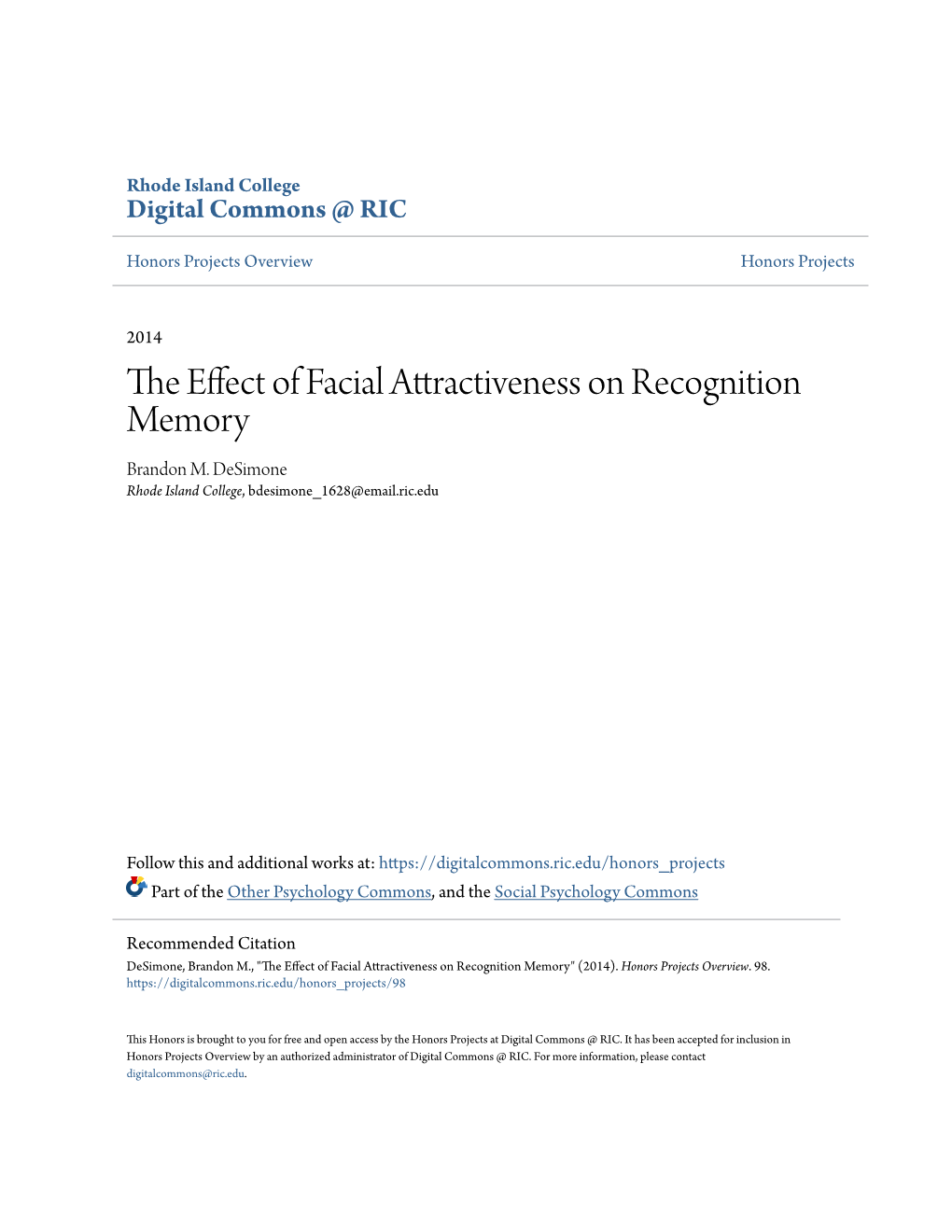 The Effect of Facial Attractiveness on Recognition Memory" (2014)