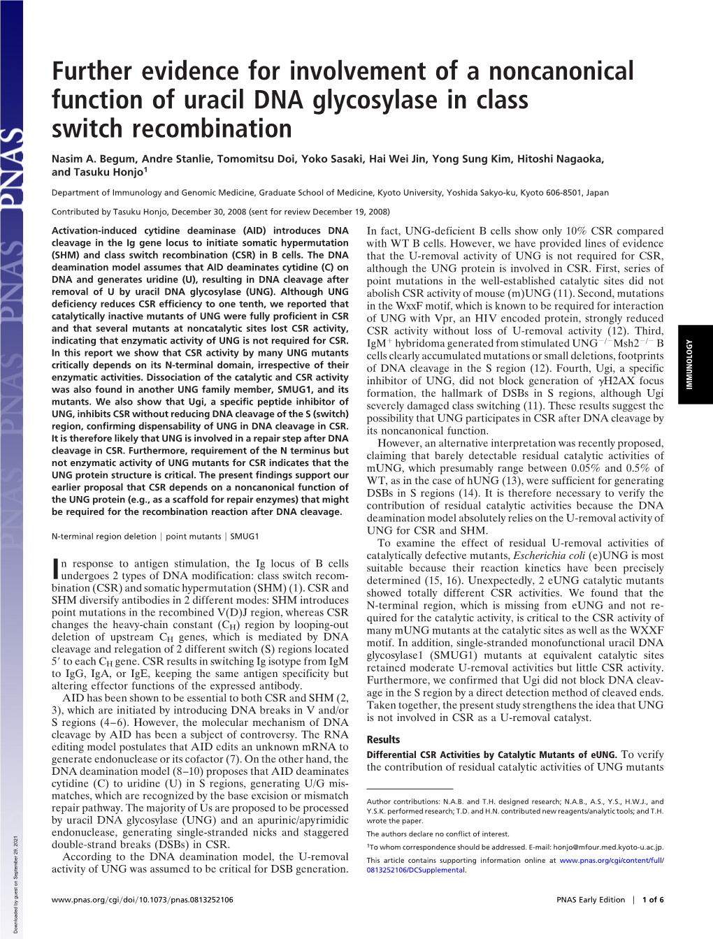 Further Evidence for Involvement of a Noncanonical Function of Uracil DNA Glycosylase in Class Switch Recombination