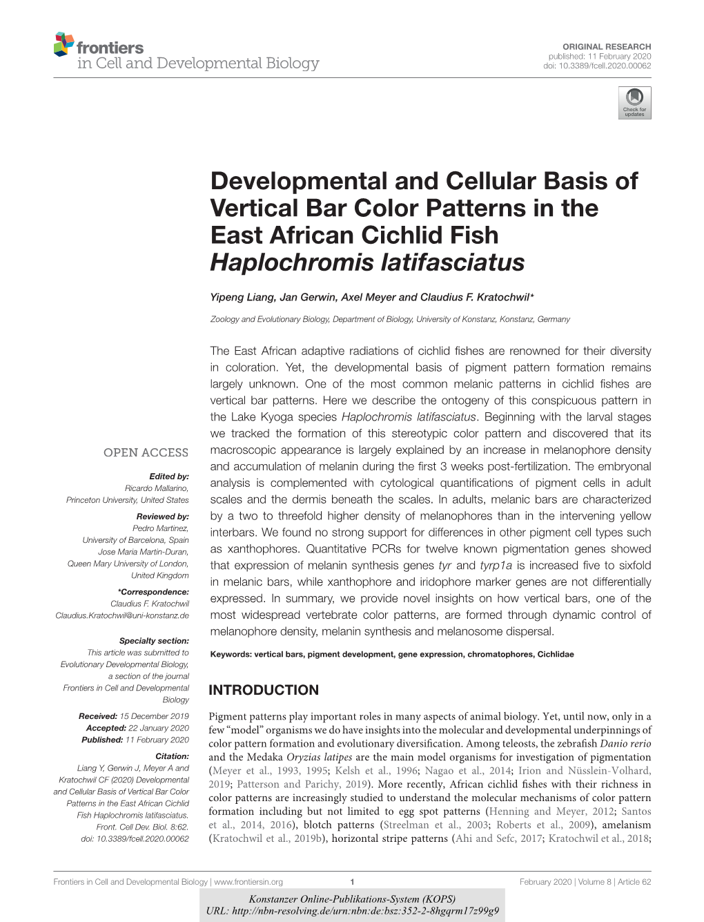 Developmental and Cellular Basis of Vertical Bar Color Patterns in the East African Cichlid Fish Haplochromis Latifasciatus