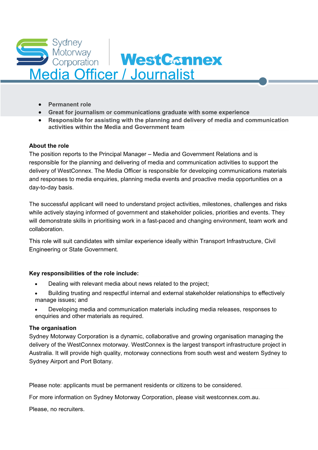 Media Officer / Journalist Permanent Role