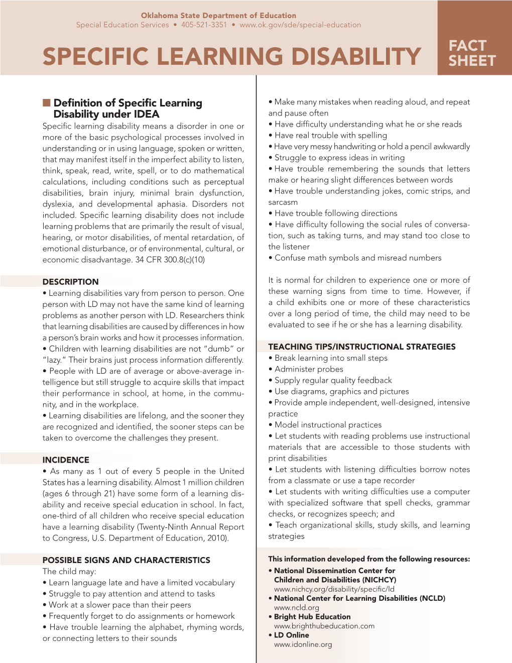 Specific Learning Disability Sheet