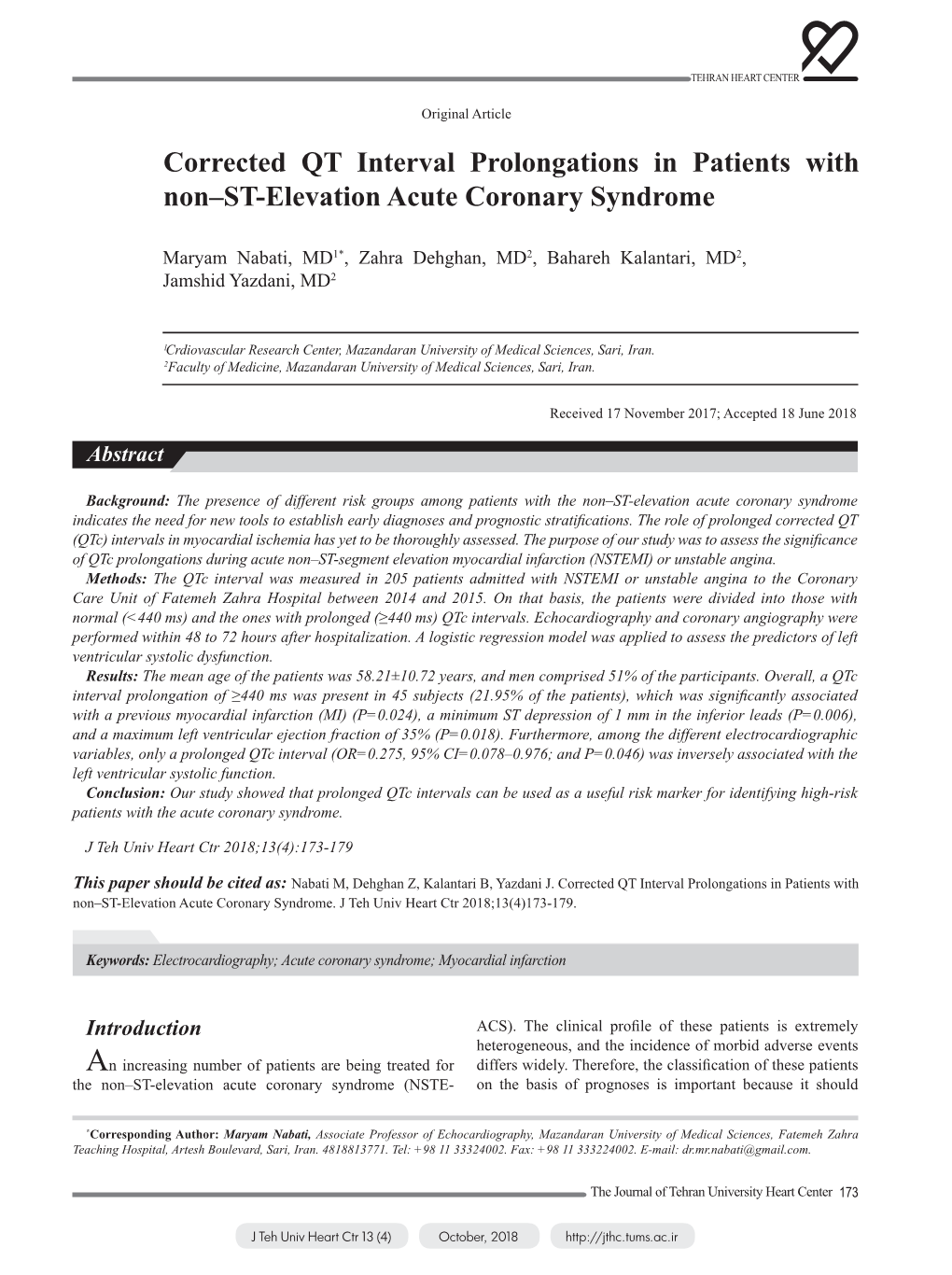 Corrected QT Interval Prolongations in Patients with Non–ST-Elevation Acute Coronary Syndrome