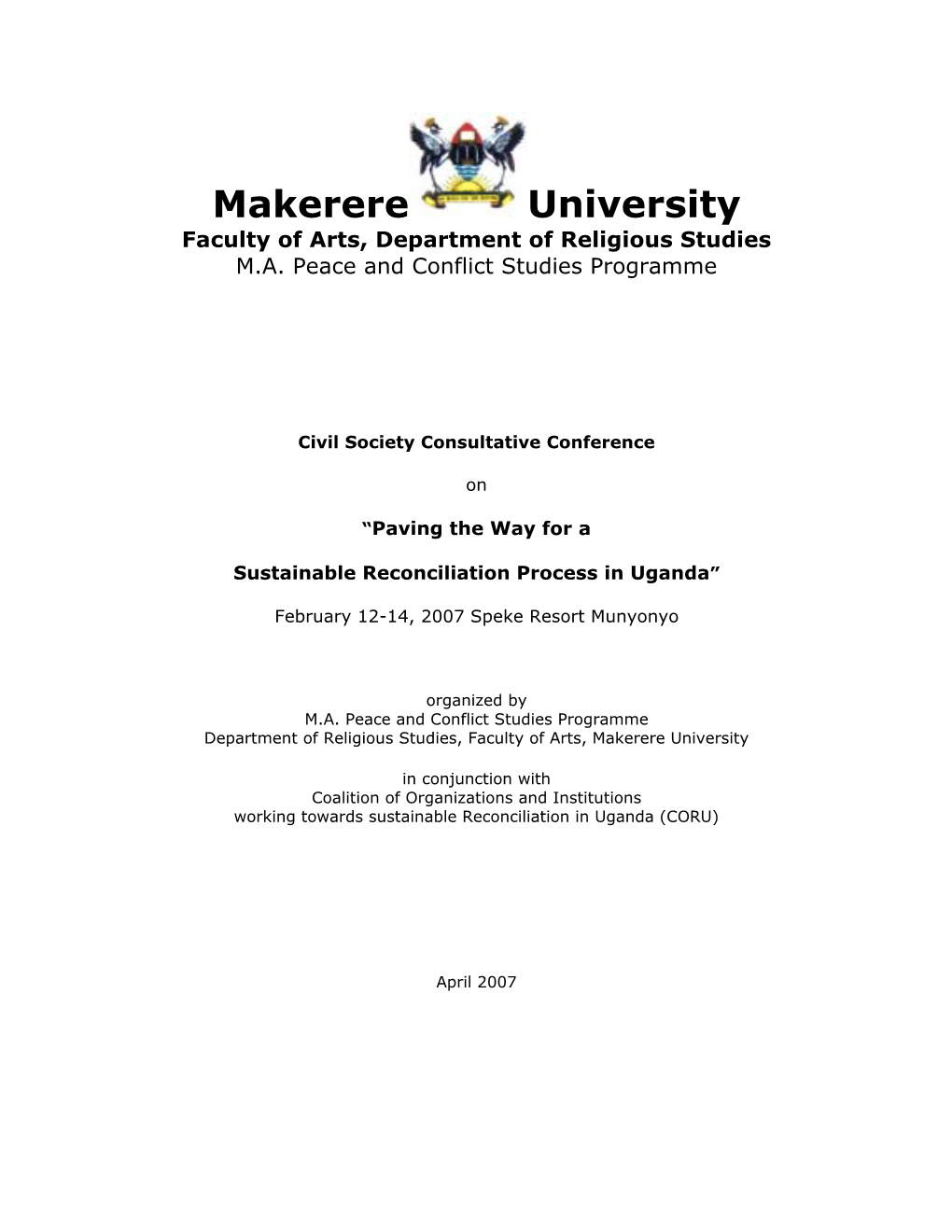 Makerere University Faculty of Arts, Department of Religious Studies M.A