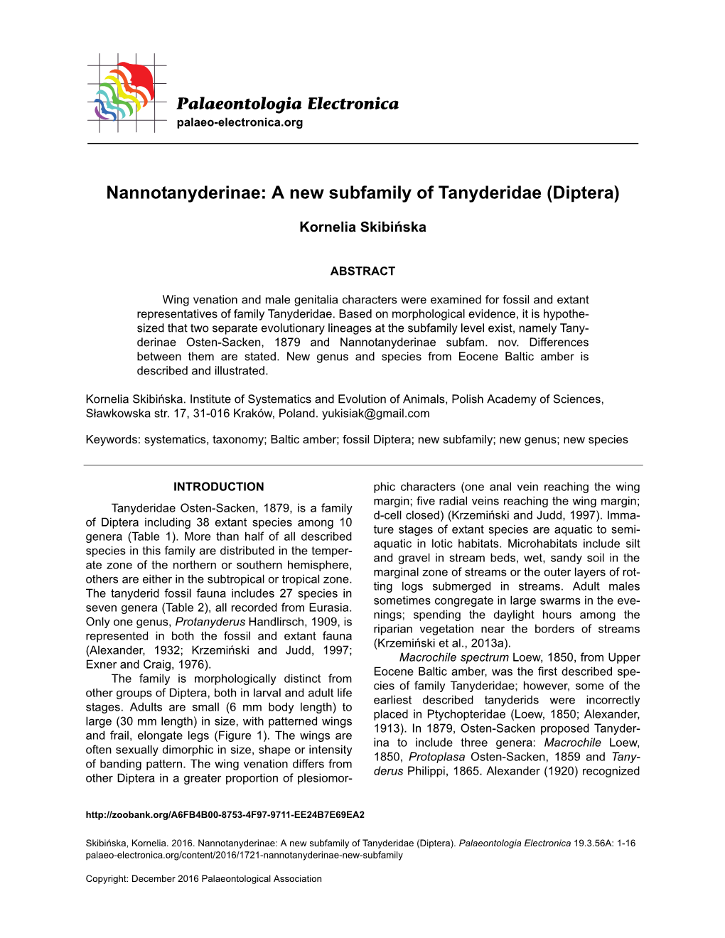 Nannotanyderinae: a New Subfamily of Tanyderidae (Diptera)