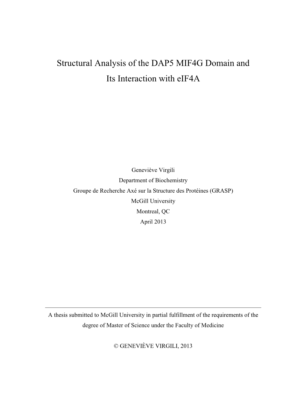 Structural Analysis of the DAP5 MIF4G Domain and Its Interaction with Eif4a