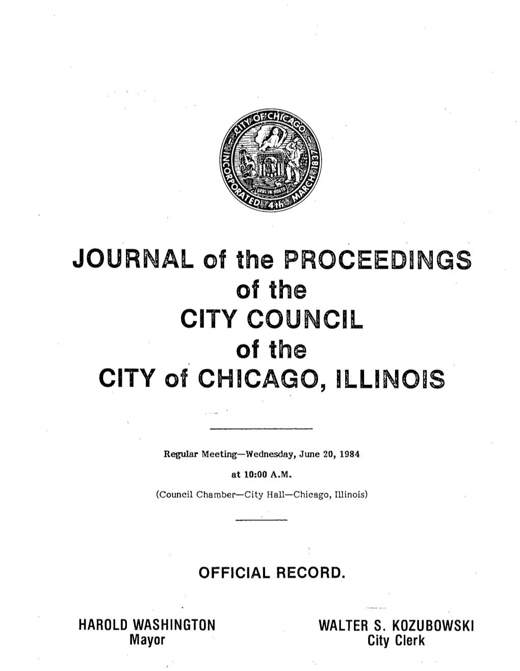 JOURNAL of Tlie PROCEI CITY of CHICAGO, ILLINOIS of Th CITY