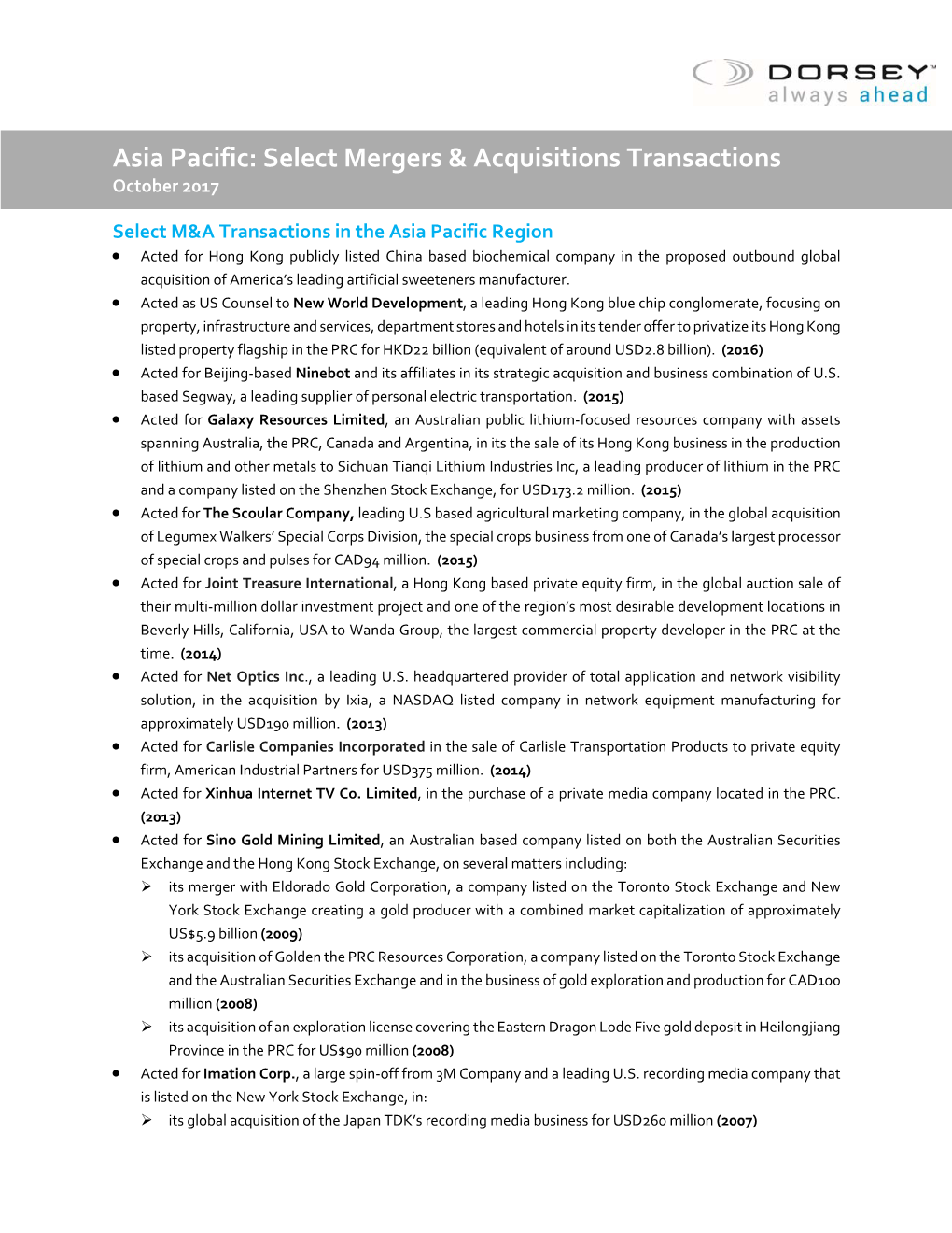 Asia Pacific: Select Mergers & Acquisitions Transactions