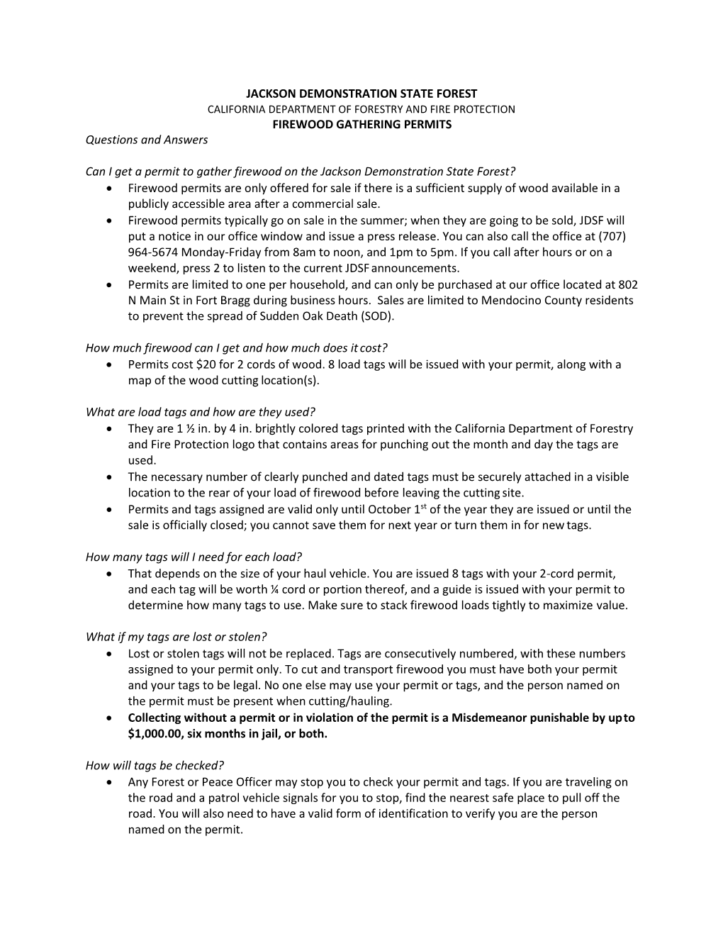 Jackson Demonstration State Forest Firewood Permit Question and Answer Sheet