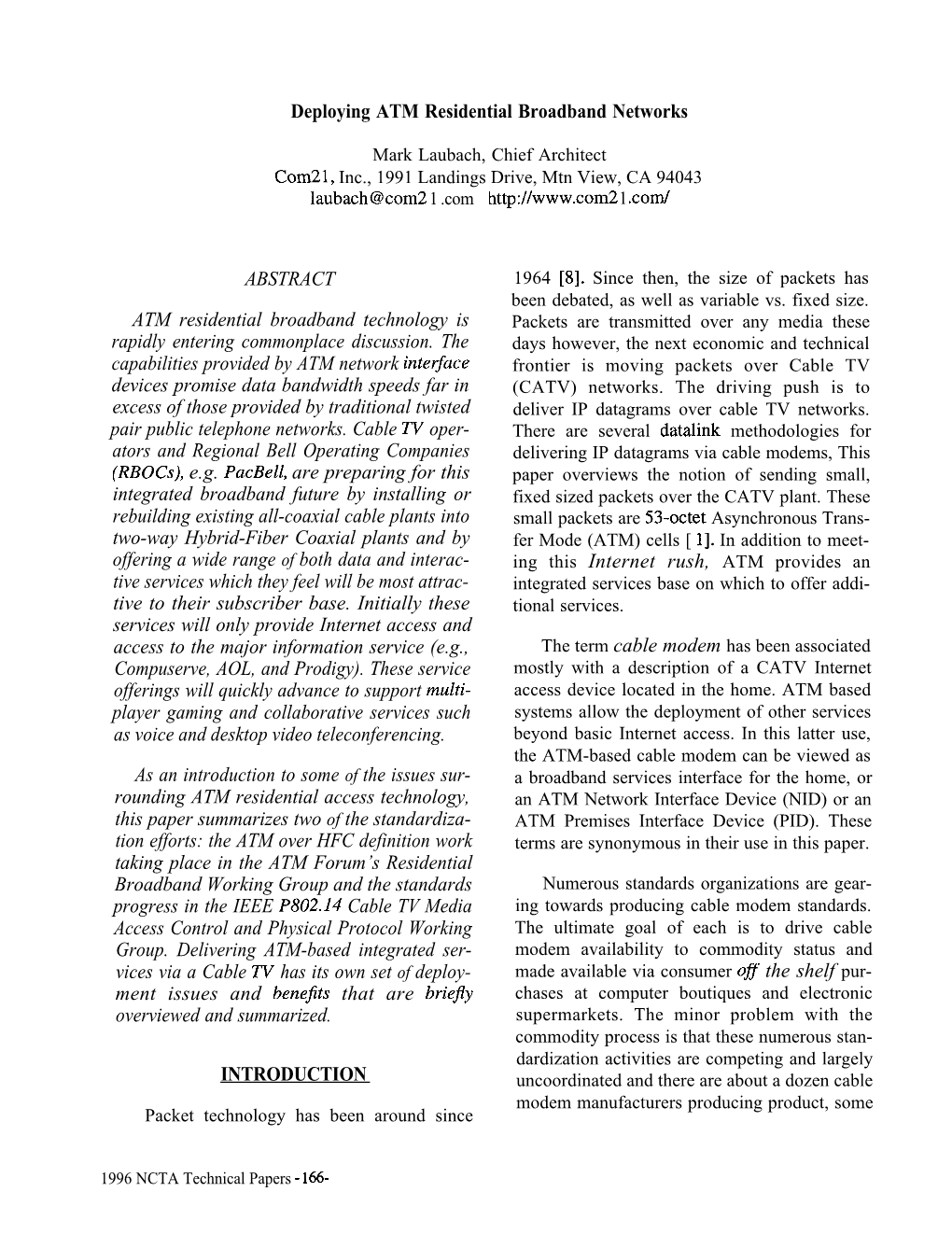 Deploying ATM Residential Broadband Networks