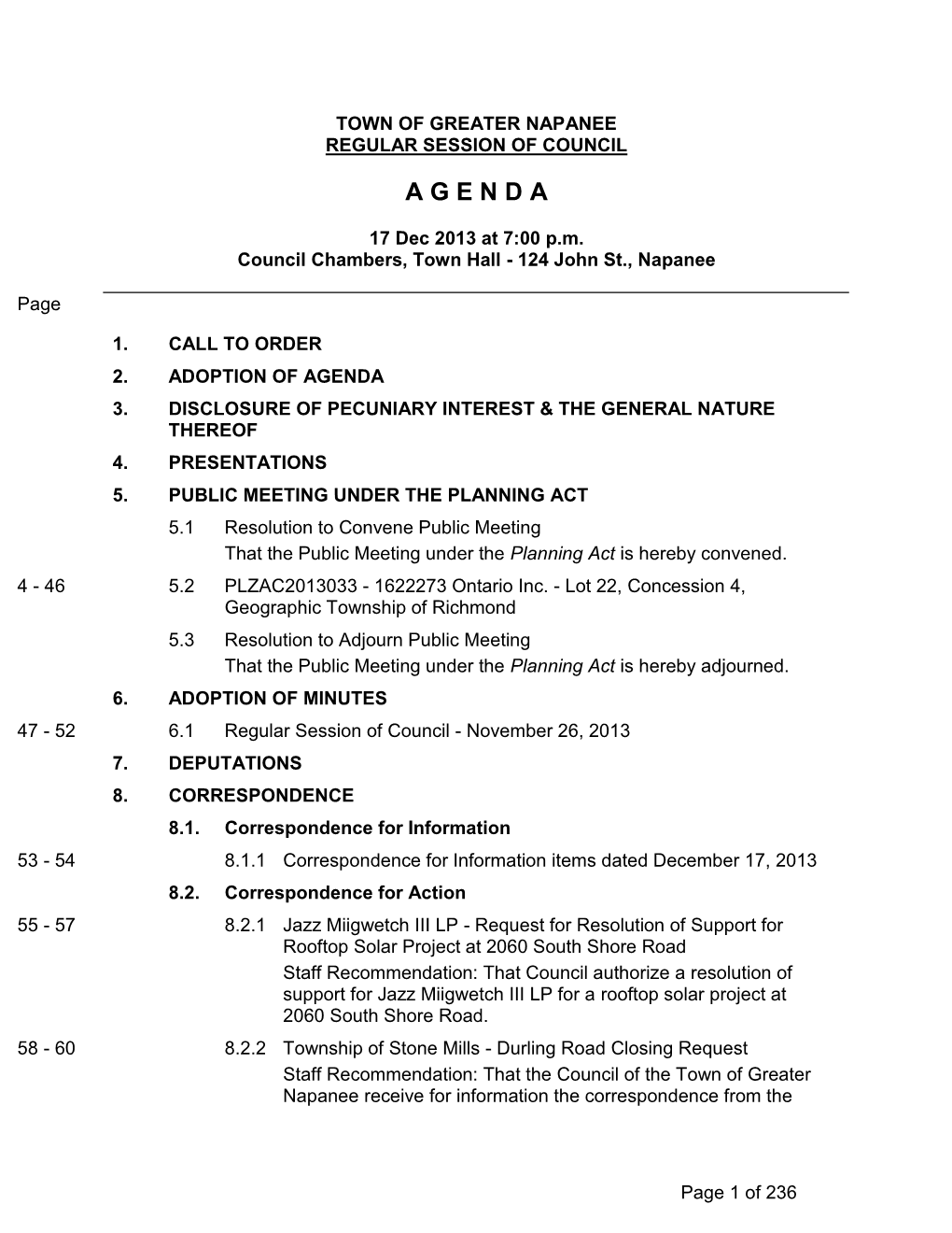 REGULAR SESSION COUNCIL - December 17, 2013 Agenda