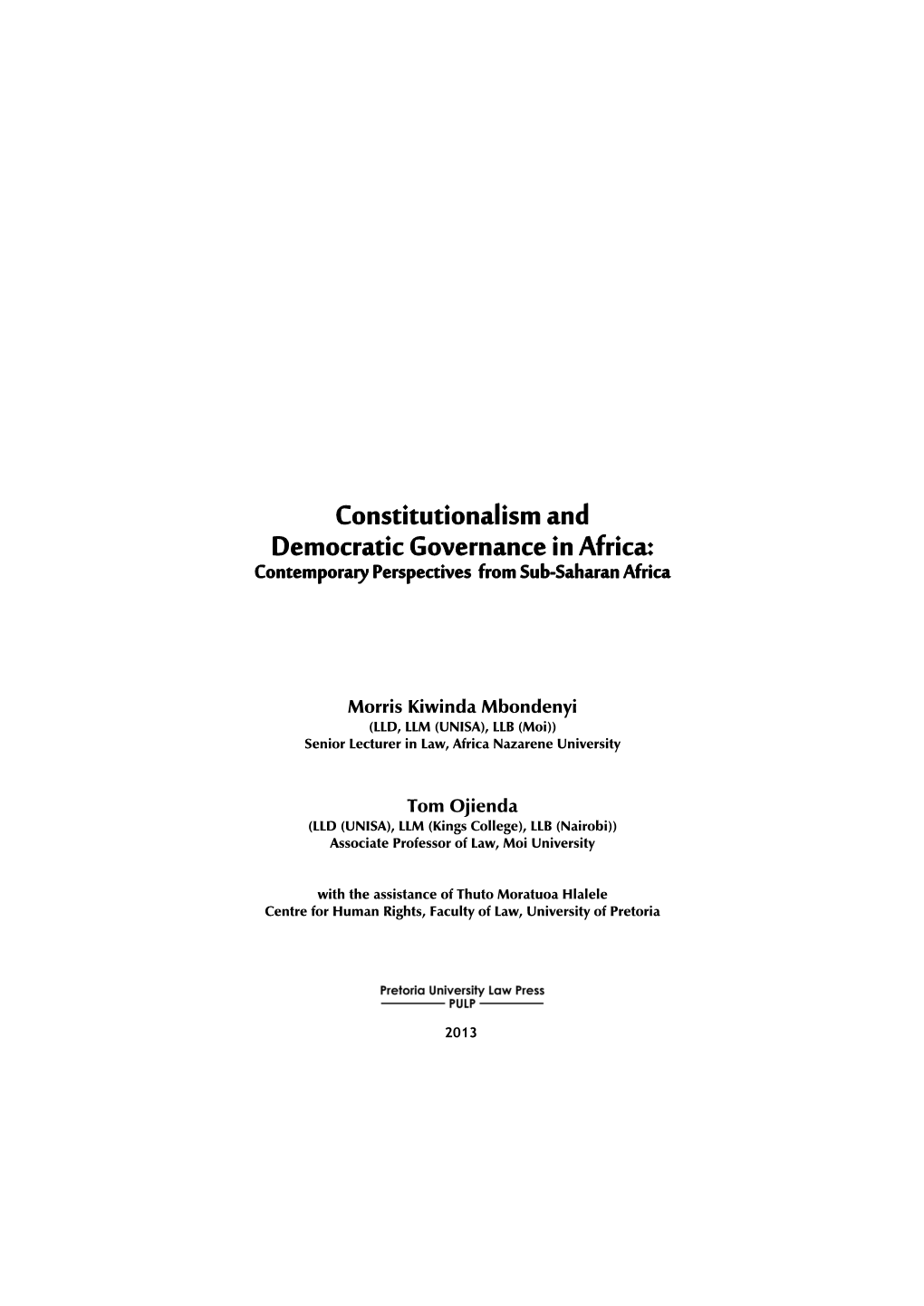 Constitutionalism and Democratic Governance in Africa: Contemporary Perspectives from Sub-Saharan Africa