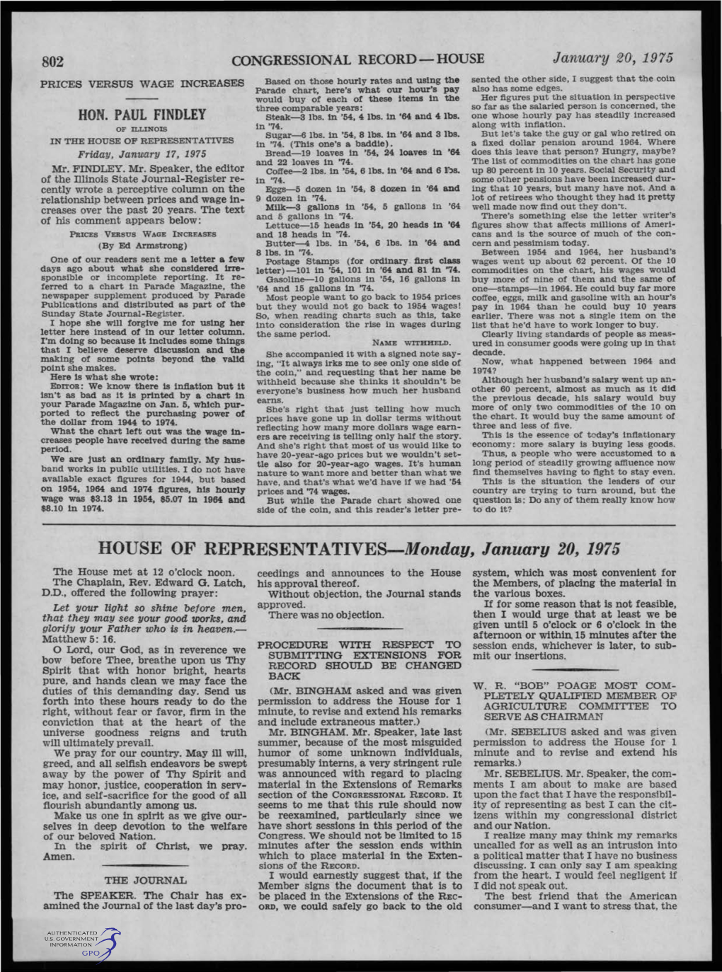 HOUSE of REPRESE.NTATIVES-Monday, January 20, 1975 the House Met at 12 O'clock Noon