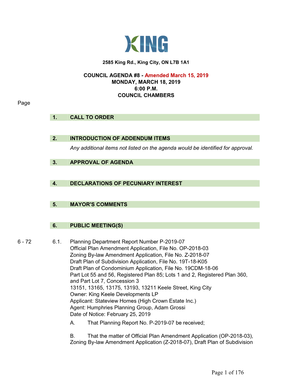 COUNCIL AGENDA #8 - Amended March 15, 2019 MONDAY, MARCH 18, 2019 6:00 P.M