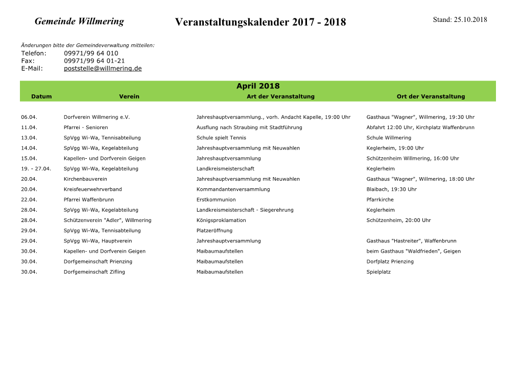 Gemeinde Willmering Veranstaltungskalender 2017 - 2018 Stand: 25.10.2018