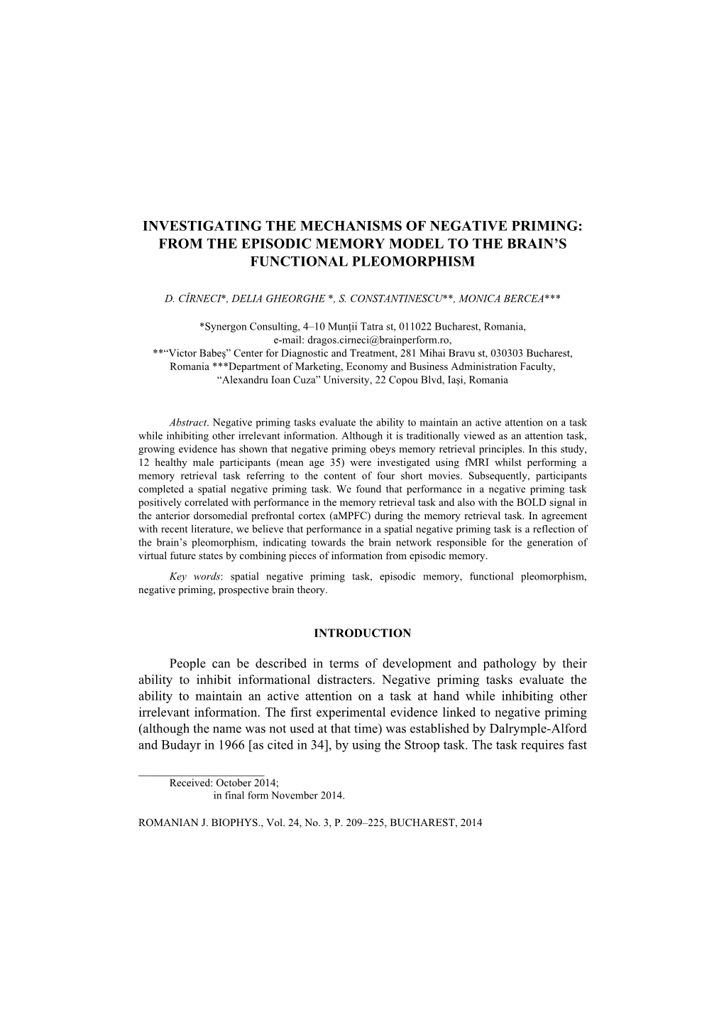 Investigating the Mechanisms of Negative Priming: from the Episodic Memory Model to the Brain’S Functional Pleomorphism