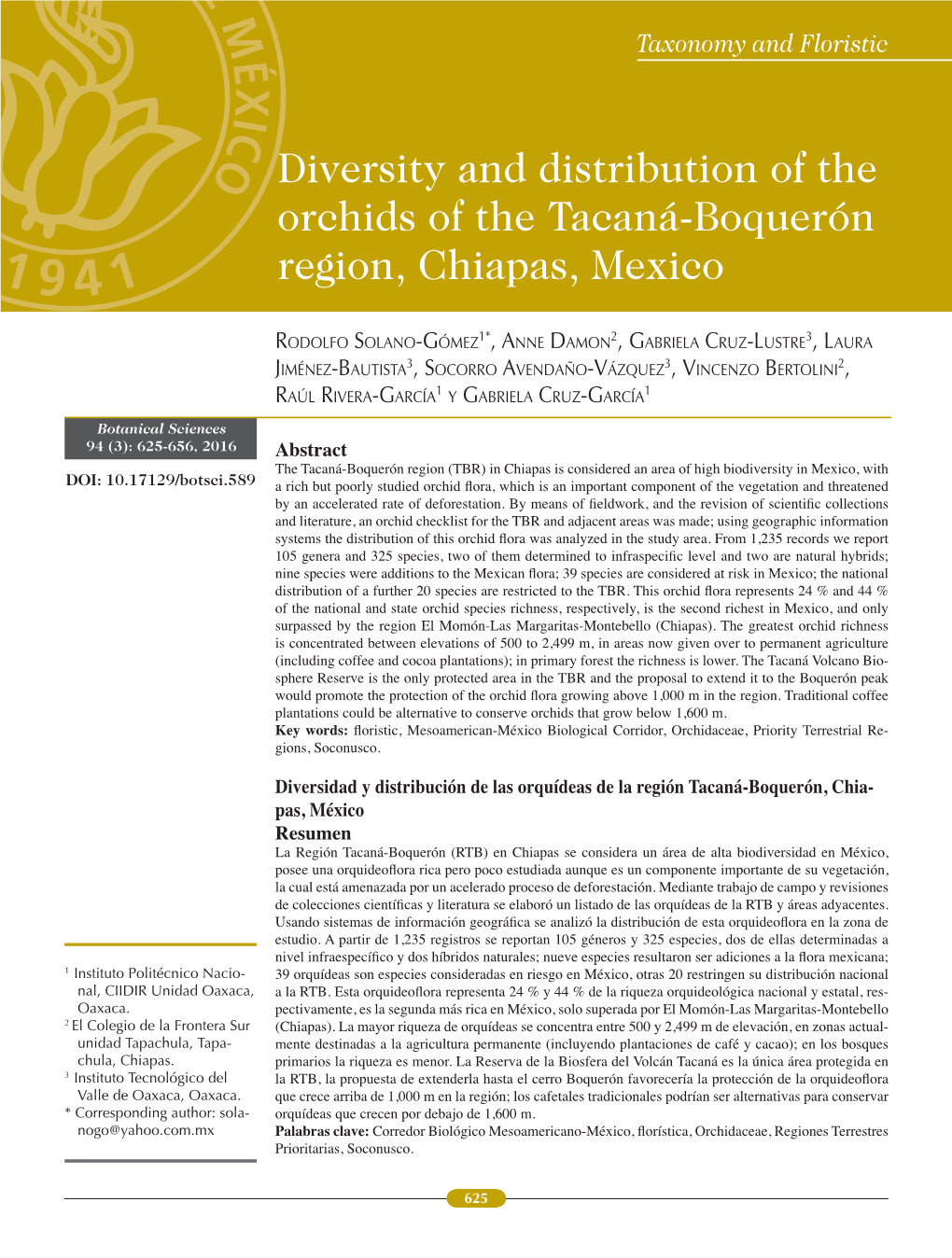 Abstract Diversidad Y Distribución De Las Orquídeas De La Región Tacaná