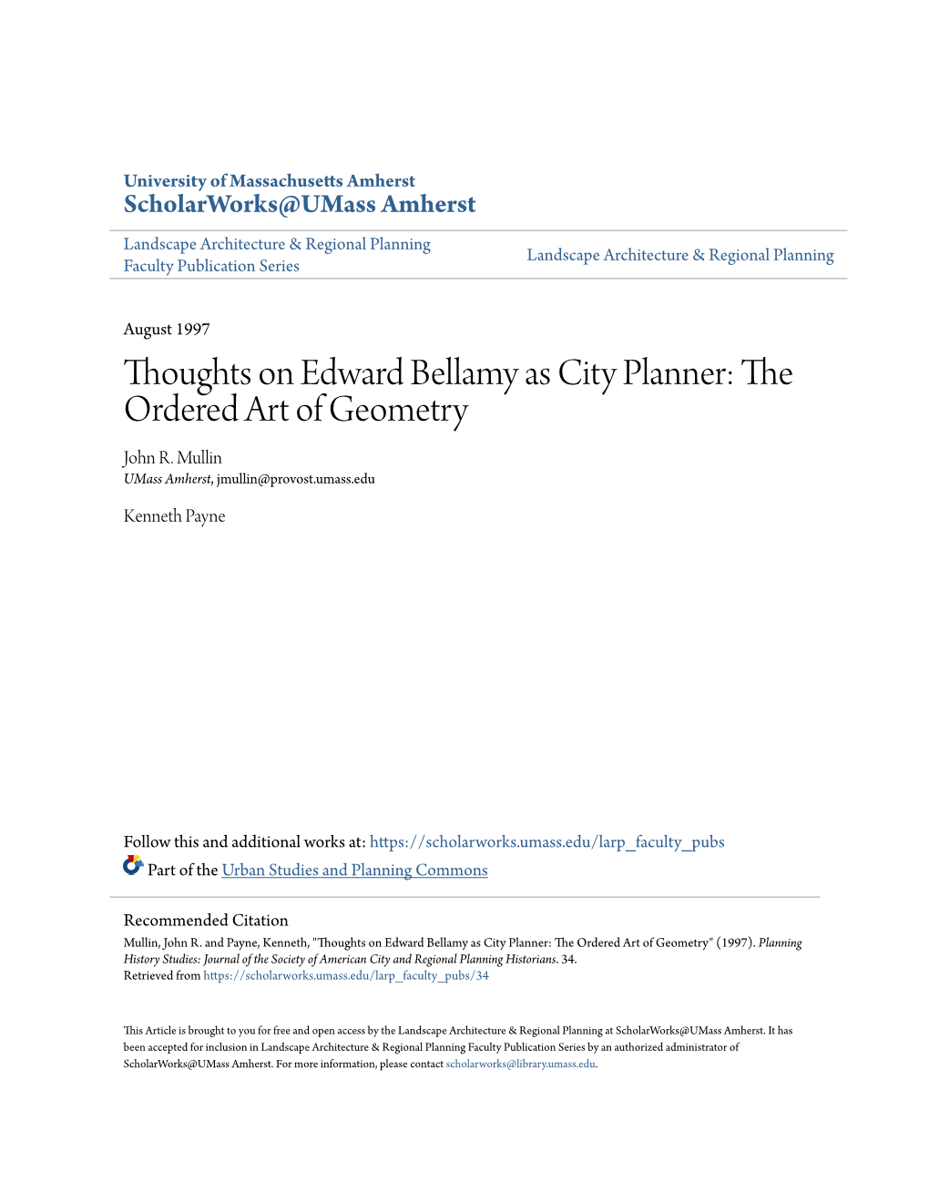 Thoughts on Edward Bellamy As City Planner: the Ordered Art of Geometry John R