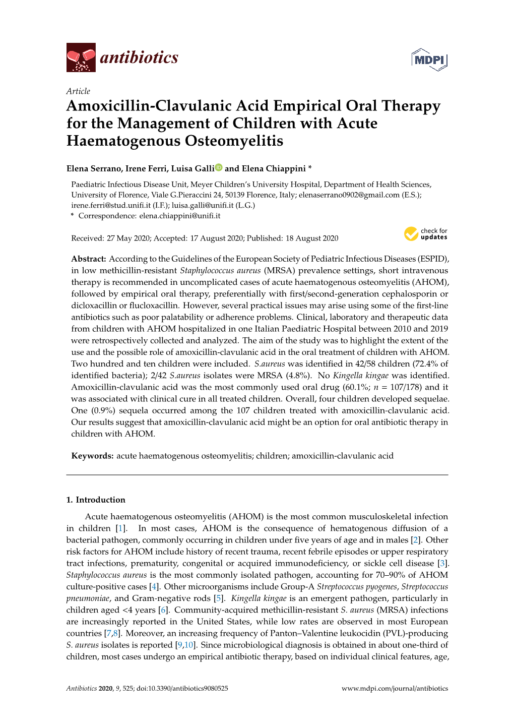 Amoxicillin-Clavulanic Acid Empirical Oral Therapy for the Management of Children with Acute Haematogenous Osteomyelitis