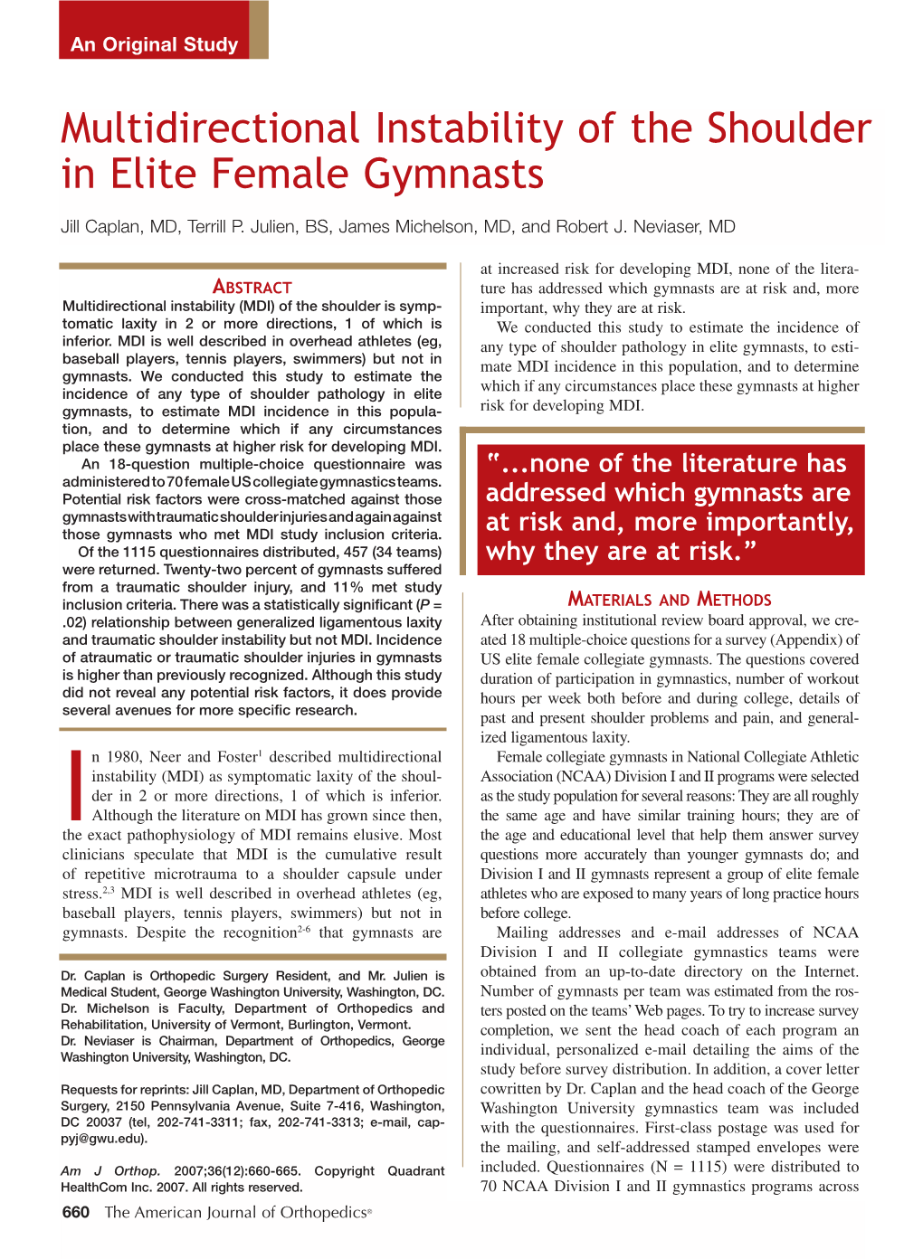 Multidirectional Instability of the Shoulder in Elite Female Gymnasts