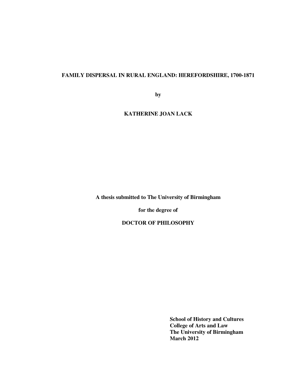 Family Dispersal in Rural England: Herefordshire, 1700-1871