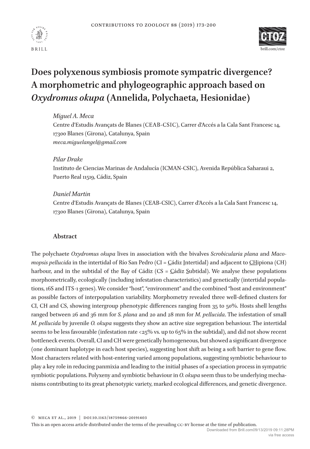 A Morphometric and Phylogeographic Approach Based on Oxydromus Okupa (Annelida, Polychaeta, Hesionidae)