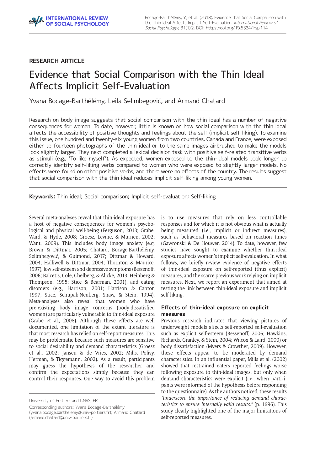 Evidence That Social Comparison with the Thin Ideal Affects Implicit Self