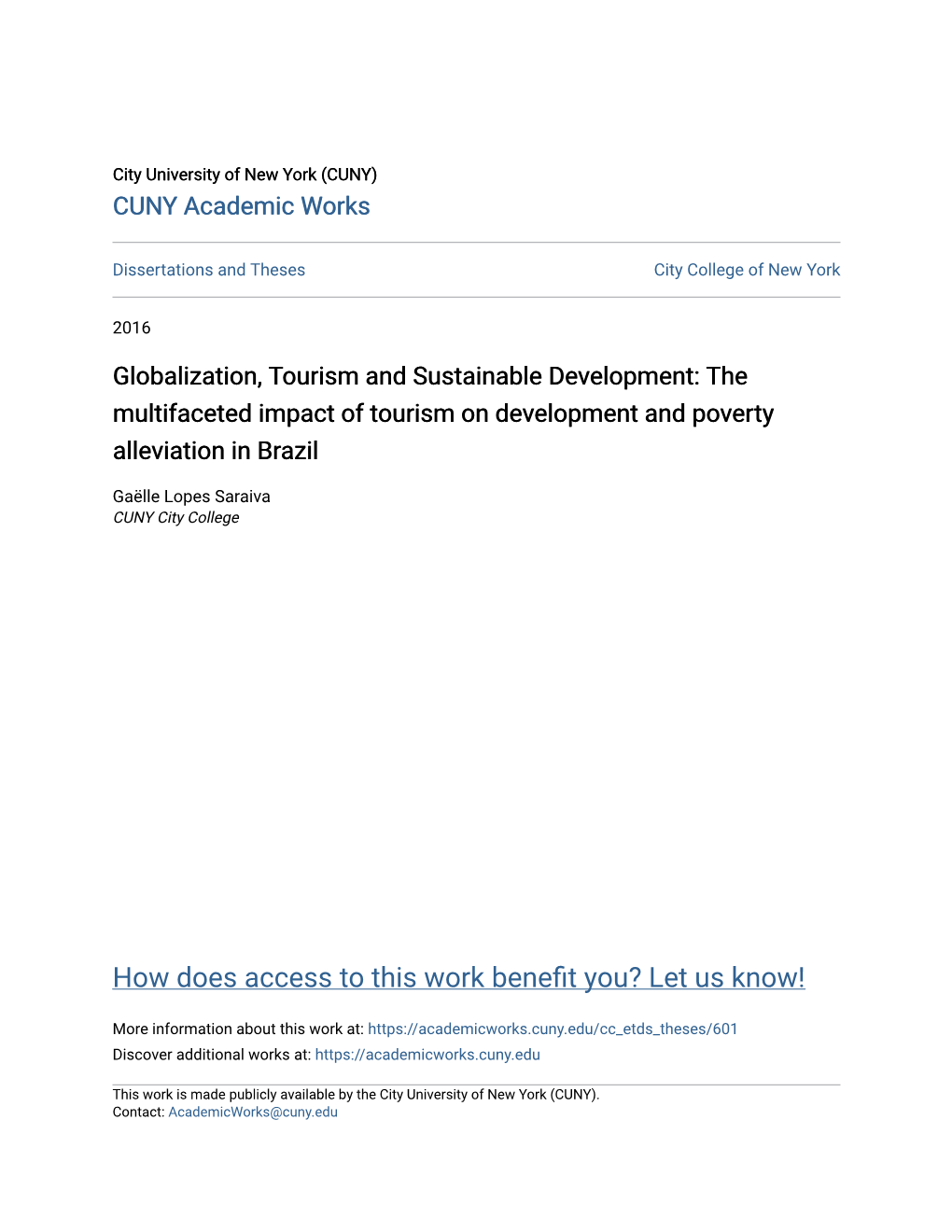 Globalization, Tourism and Sustainable Development: the Multifaceted Impact of Tourism on Development and Poverty Alleviation in Brazil