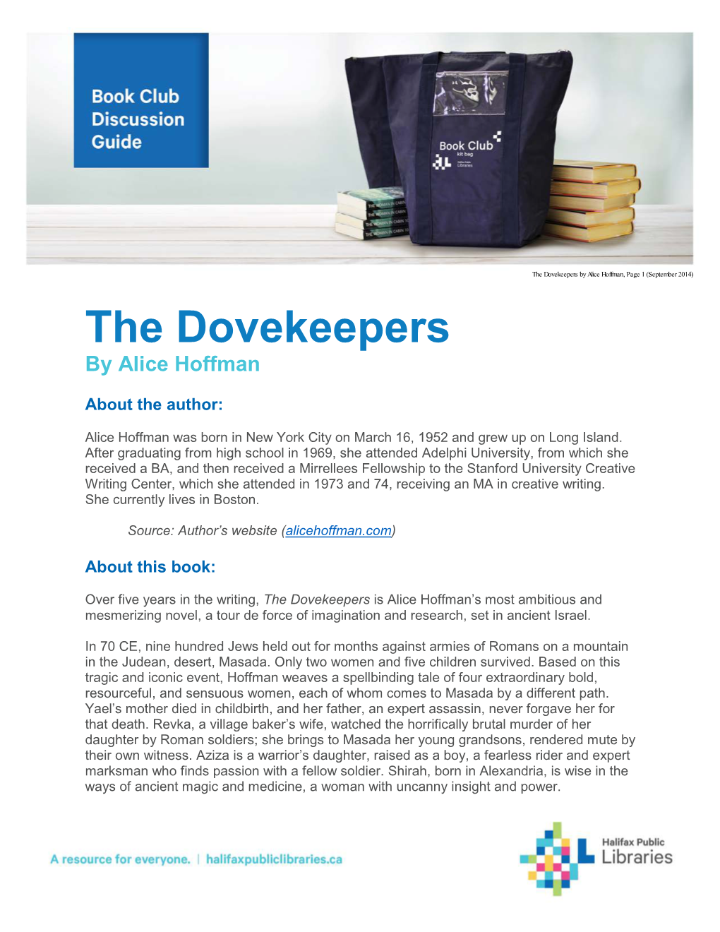 The Dovekeepers by Alice Hoffman, Page 1 (September 2014) the Dovekeepers by Alice Hoffman