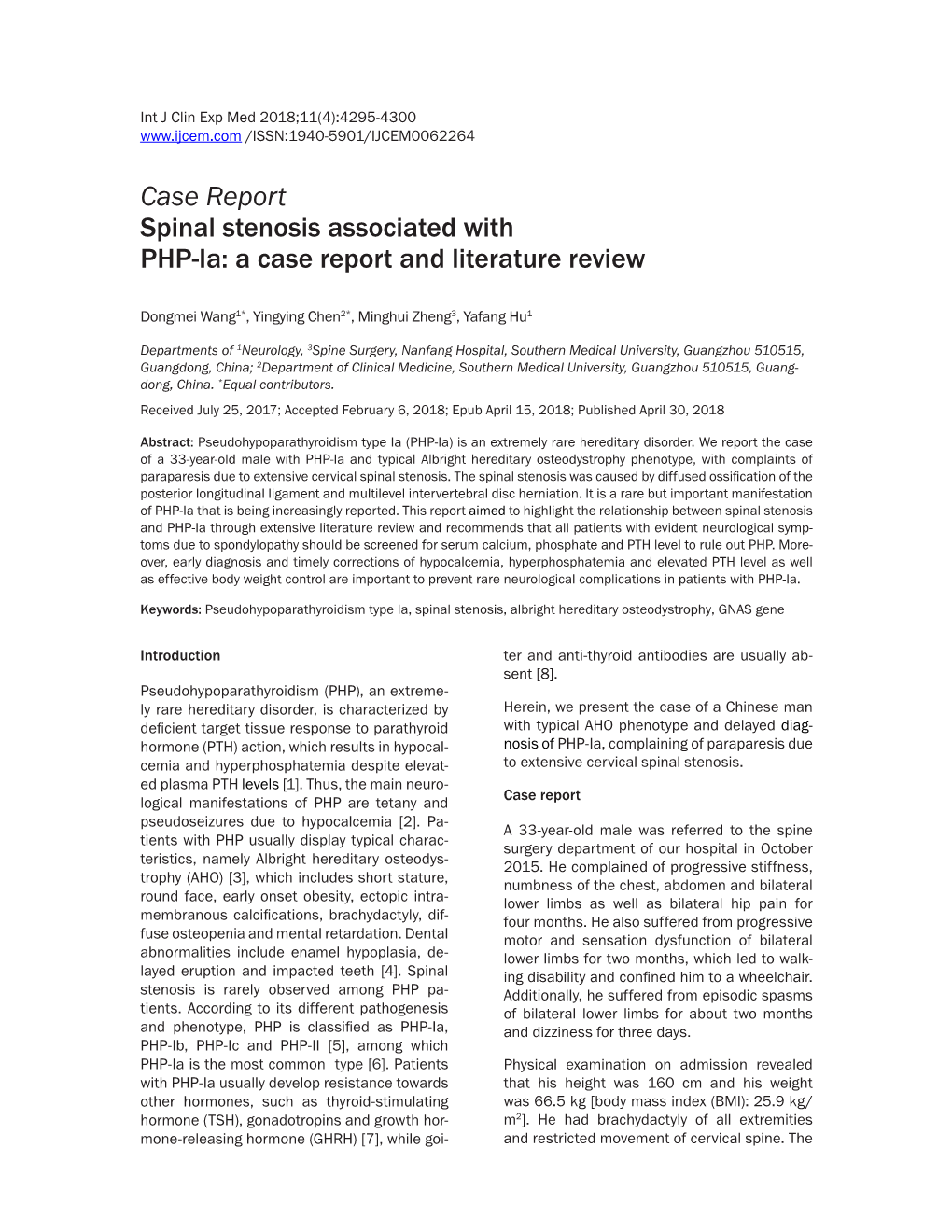 Case Report Spinal Stenosis Associated with PHP-Ia: a Case Report and Literature Review