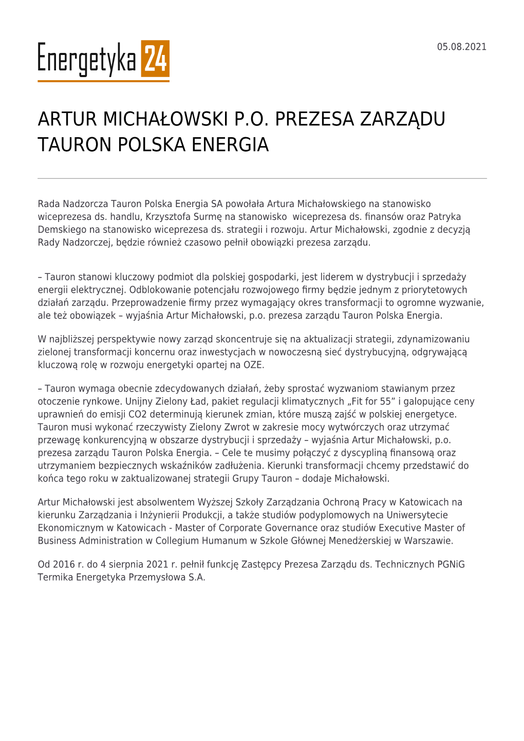 Artur Michałowski P.O. Prezesa Zarządu Tauron Polska Energia