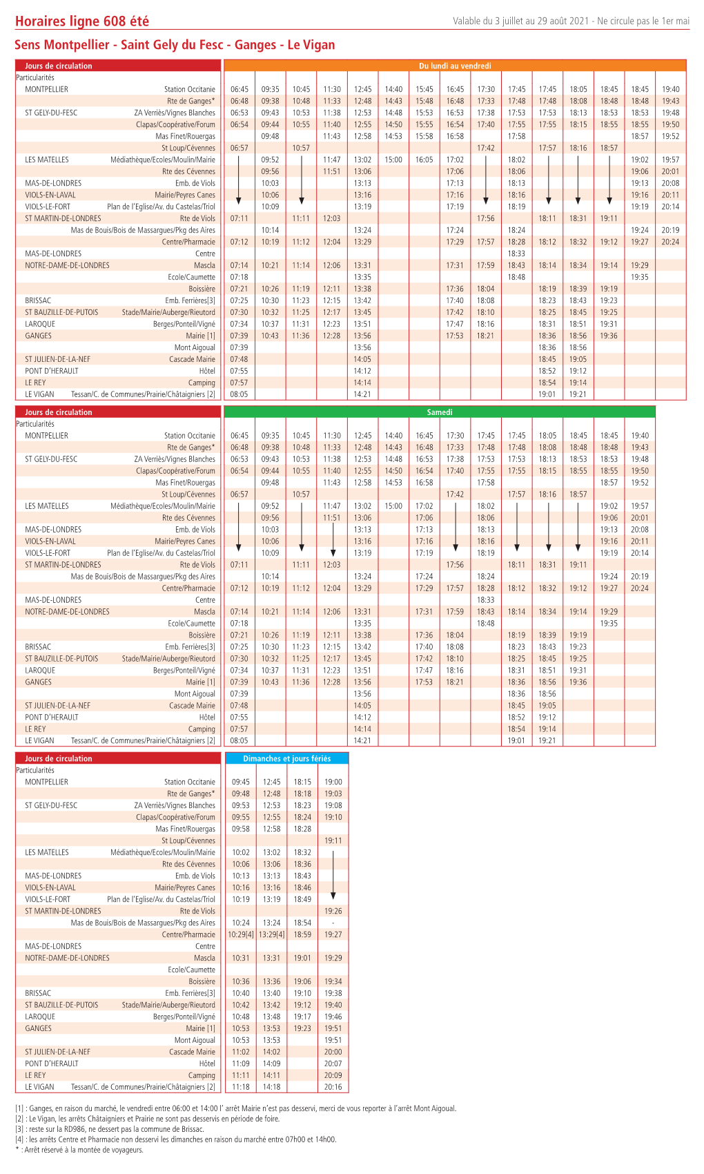 Horaires Ligne 608 Été Valable Du 3 Juillet Au 29 Août 2021 - Ne Circule Pas Le 1Er Mai Sens Montpellier - Saint Gely Du Fesc - Ganges - Le Vigan