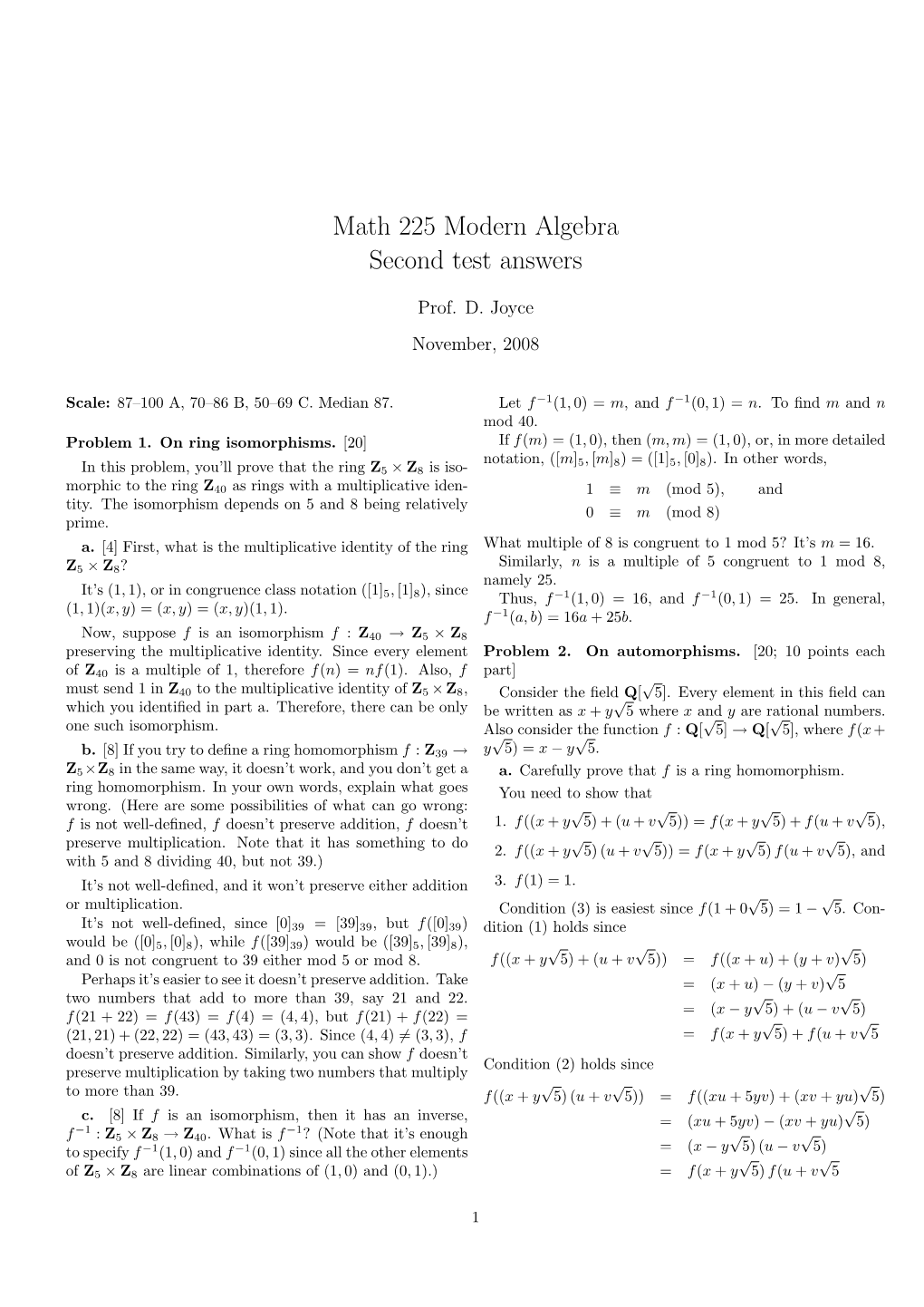 Math 225 Modern Algebra Second Test Answers