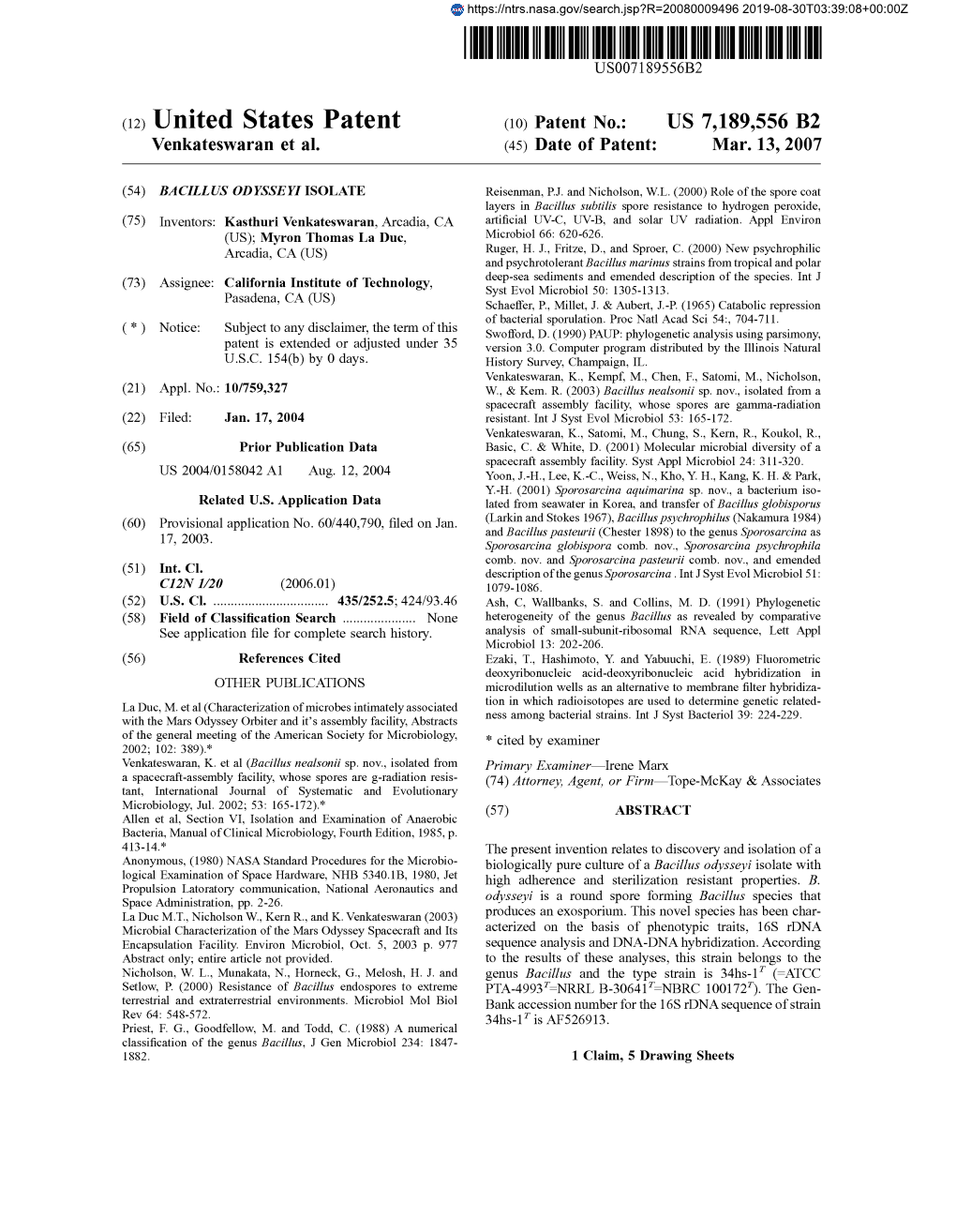 (12) United States Patent (Io) Patent No.: US 7,189,556 B2 Venkateswaran Et Al
