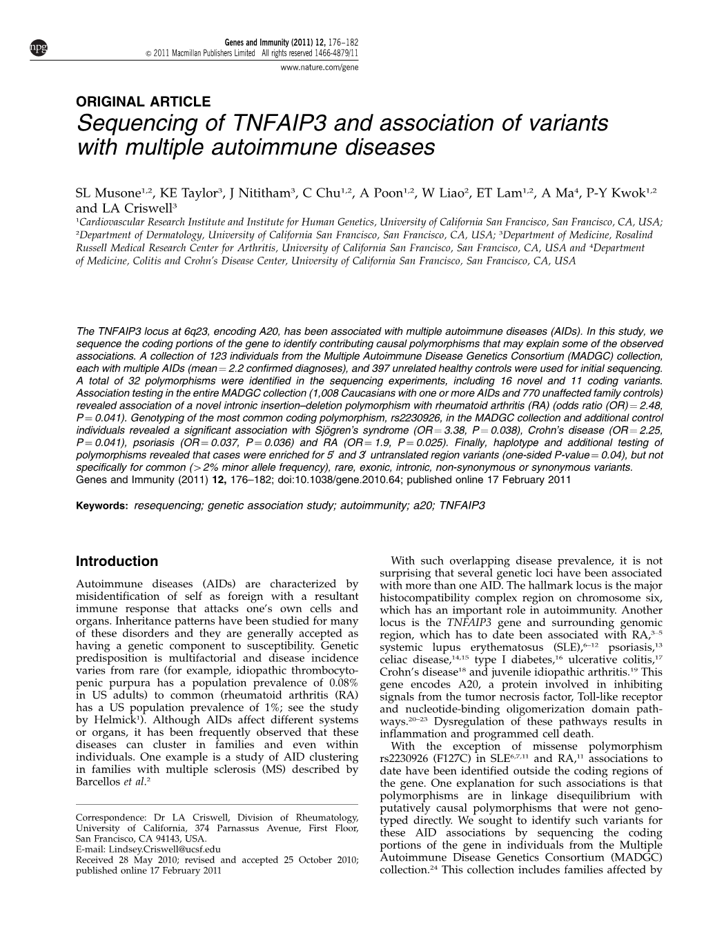 Sequencing of TNFAIP3 and Association of Variants with Multiple Autoimmune Diseases