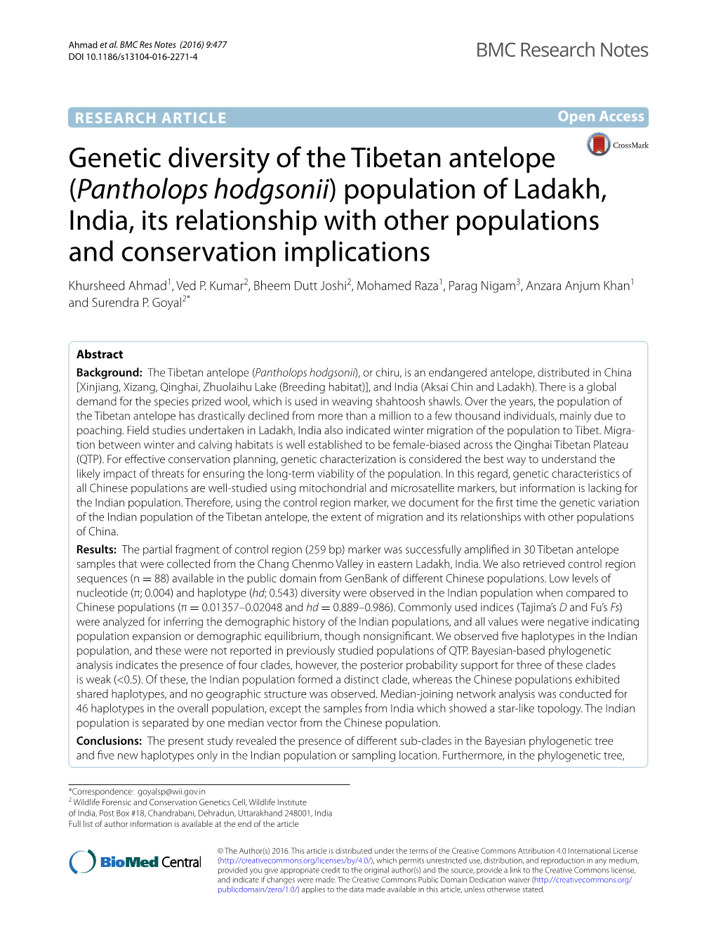 Genetic Diversity of the Tibetan Antelope (Pantholops Hodgsonii)