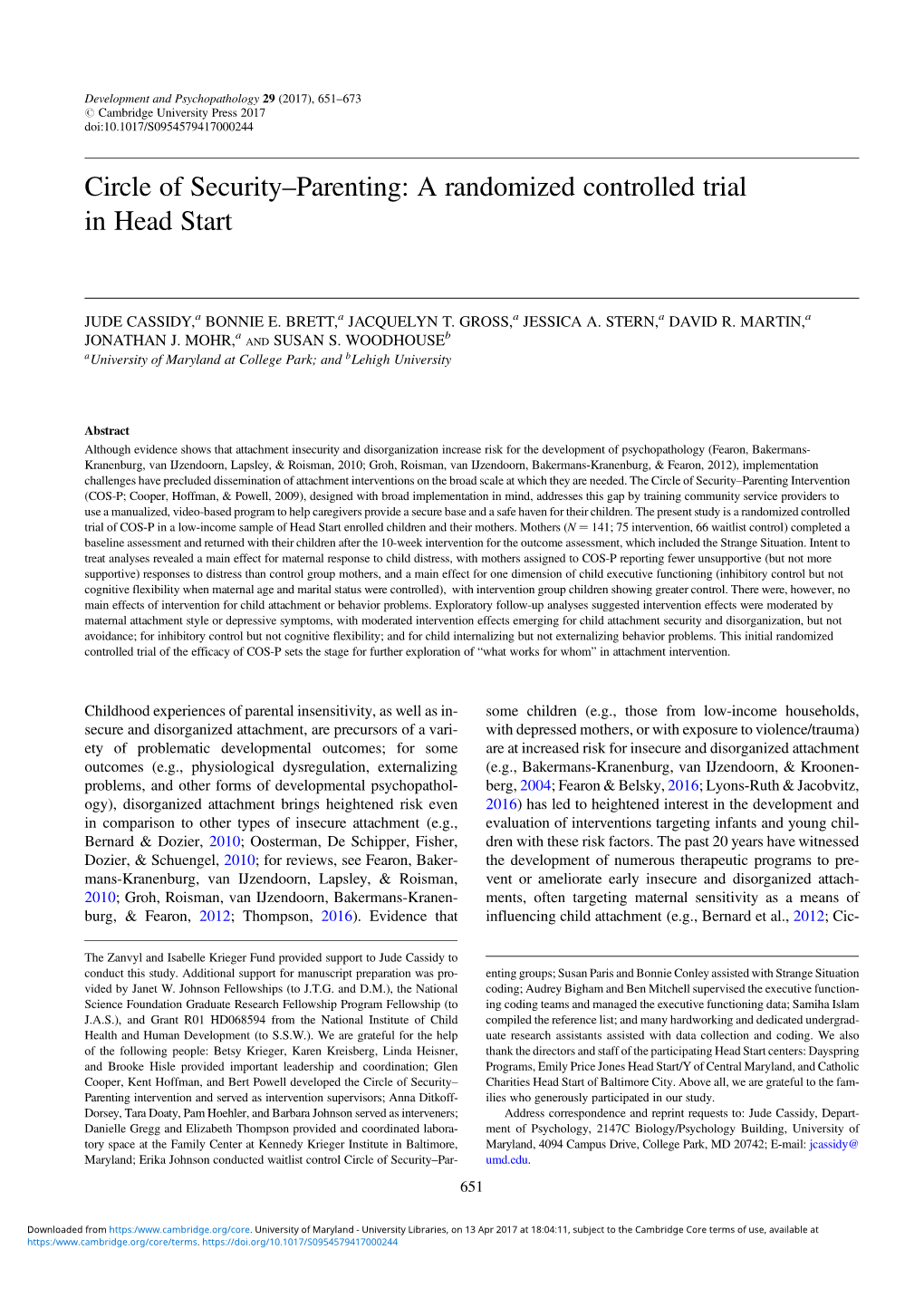 Circle of Security–Parenting: a Randomized Controlled Trial in Head Start