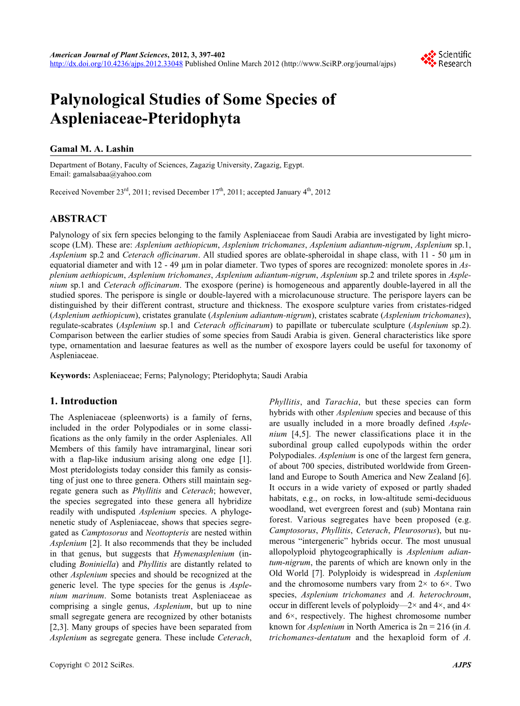 Palynological Studies of Some Species of Aspleniaceae-Pteridophyta