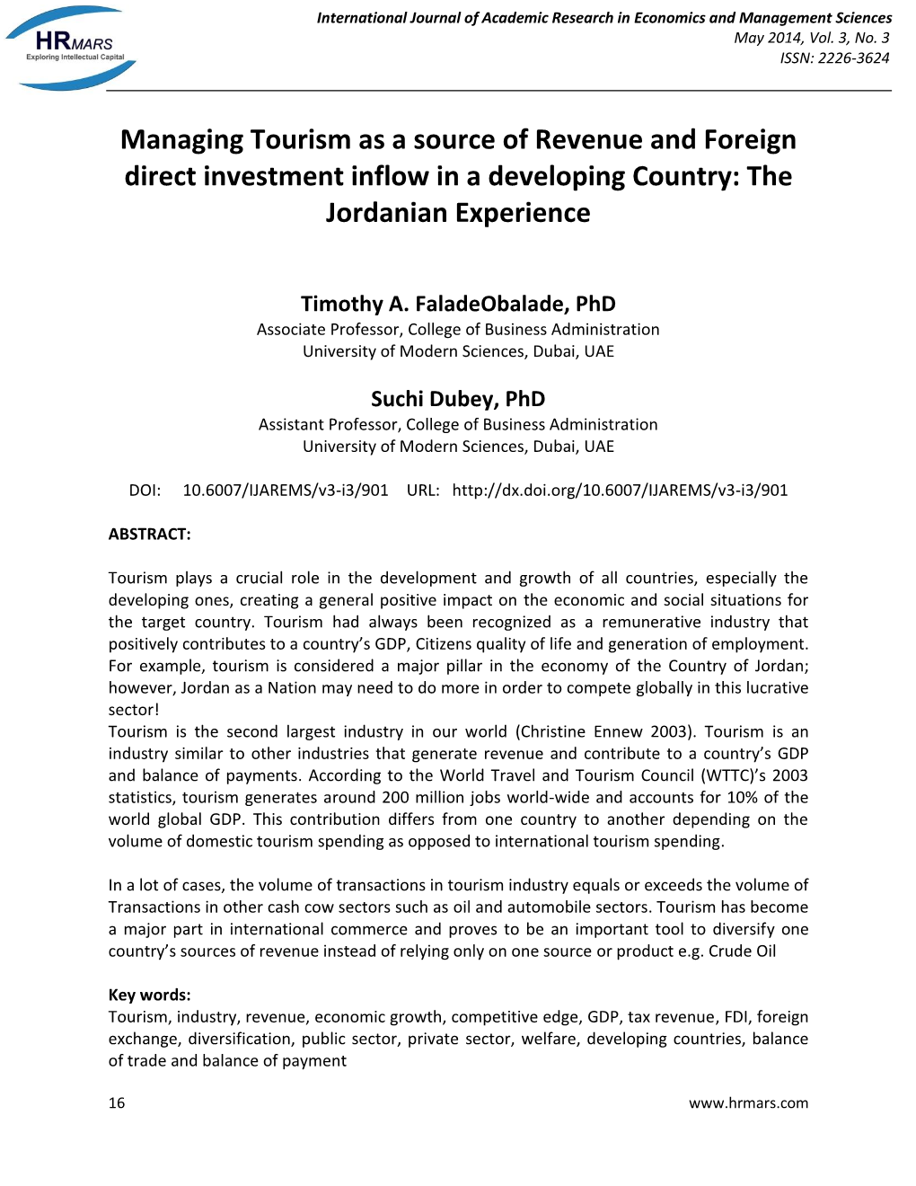 Managing Tourism As a Source of Revenue and Foreign Direct Investment Inflow in a Developing Country: the Jordanian Experience