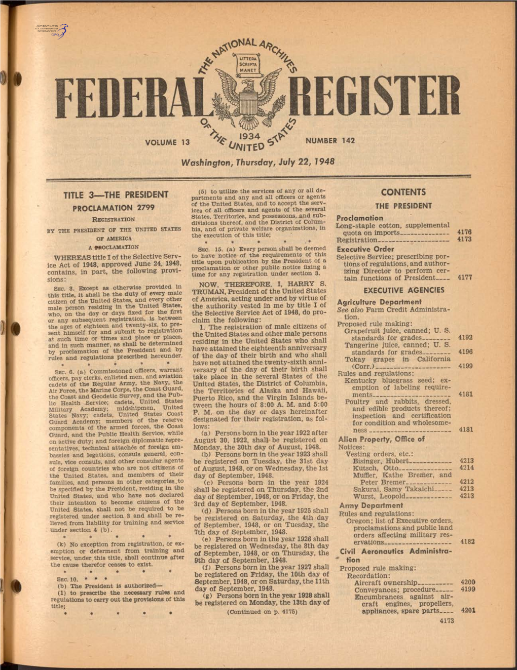 EDERAI. REGISTER %, '9 3 4 VOLUME 13 NUMBER 142 * Í/A/ITEO ^ Washington, Thursday, July 22, 1948