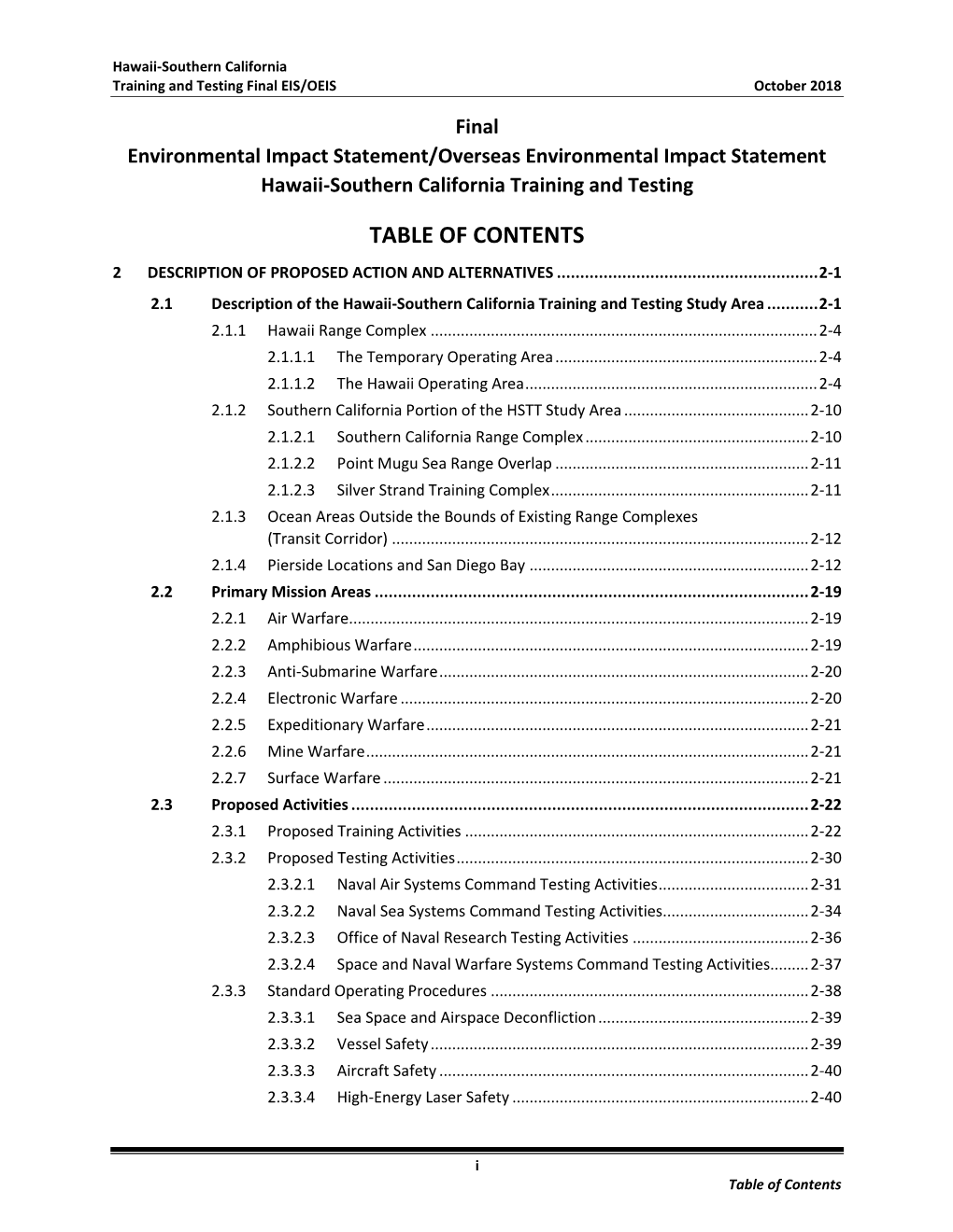 Table of Contents 2 Description of Proposed Action and Alternatives