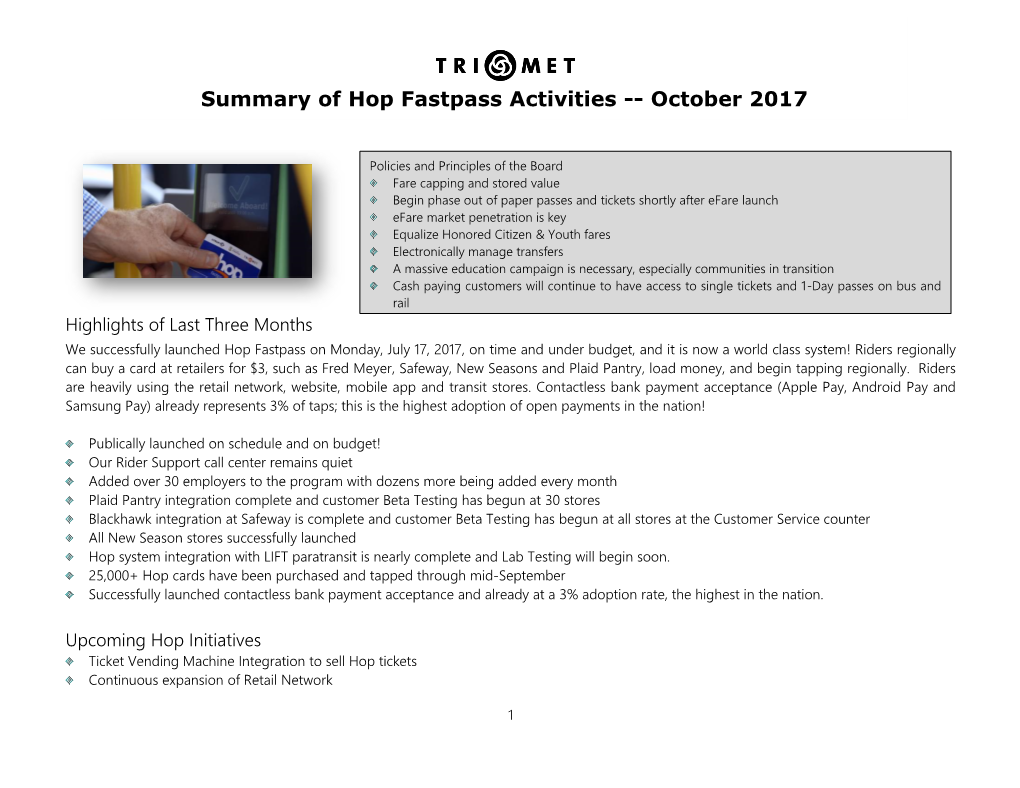 Summary of Hop Fastpass Activities -- October 2017