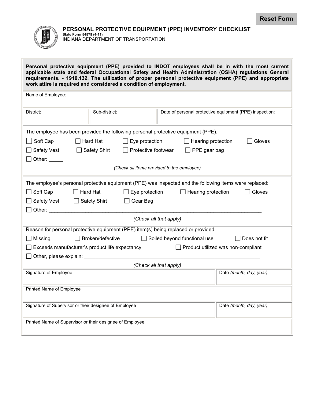 PERSONAL PROTECTIVE EQUIPMENT (PPE) INVENTORY CHECKLIST State Form 54578 (4-11) INDIANA DEPARTMENT of TRANSPORTATION