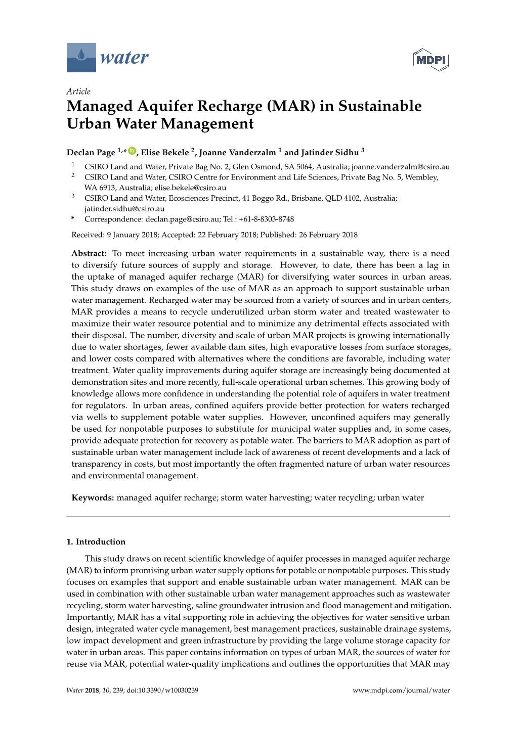 Managed Aquifer Recharge (MAR) in Sustainable Urban Water Management