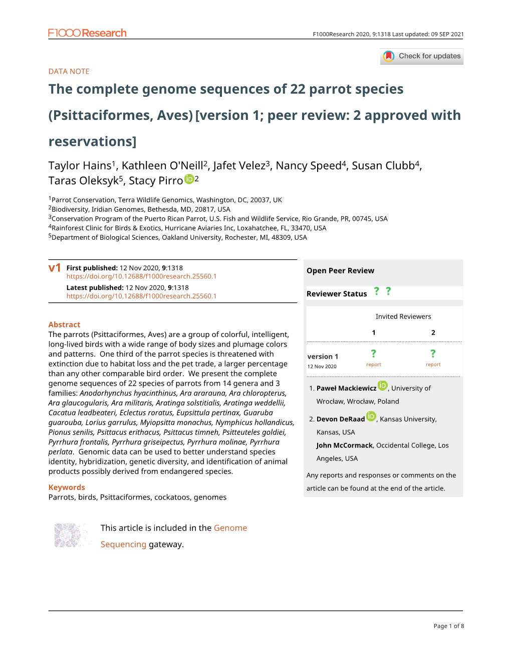 The Complete Genome Sequences of 22 Parrot Species