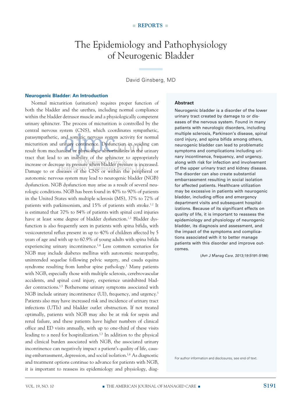 The Epidemiology and Pathophysiology of Neurogenic Bladder