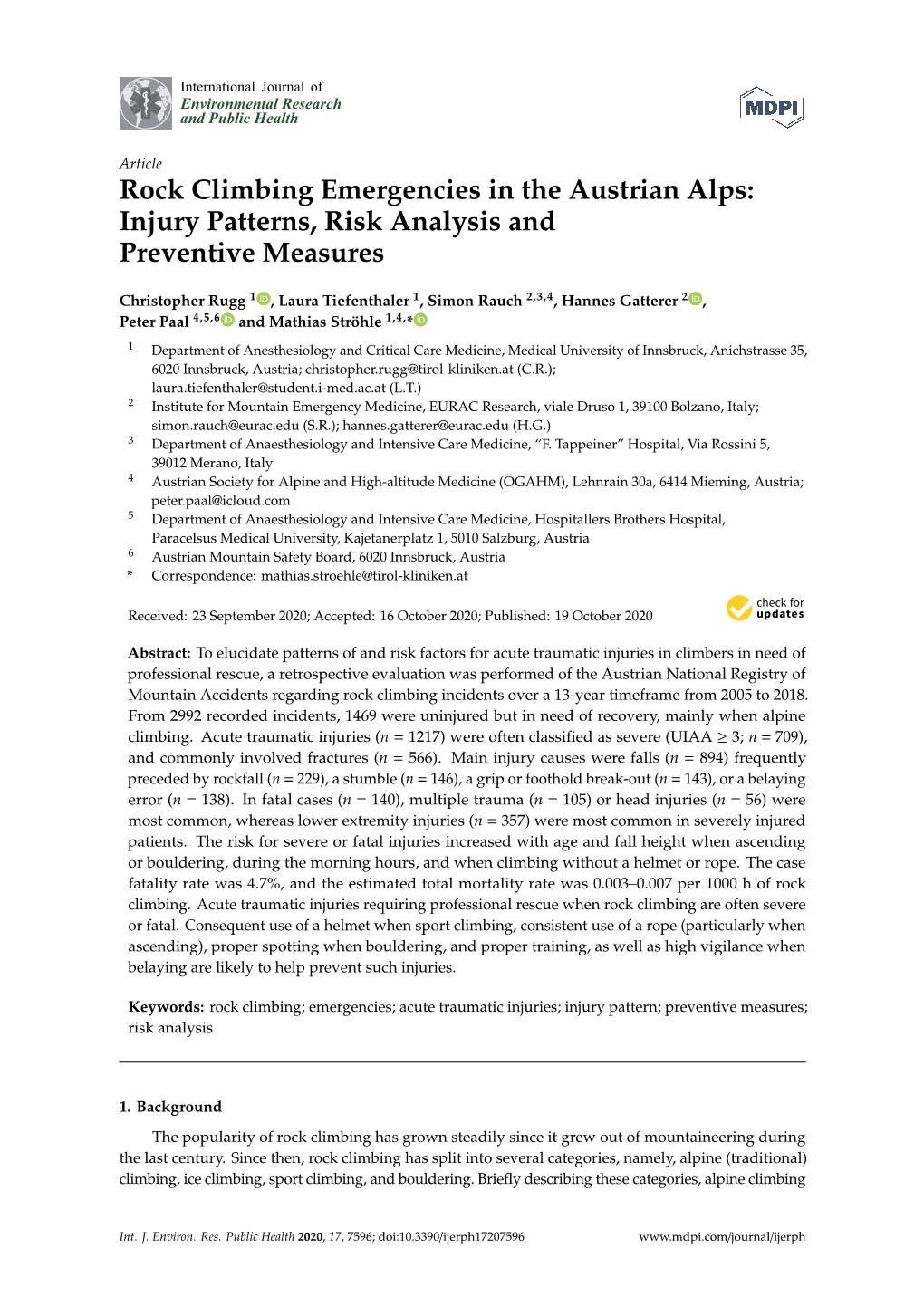 Rock Climbing Emergencies in the Austrian Alps: Injury Patterns, Risk Analysis and Preventive Measures