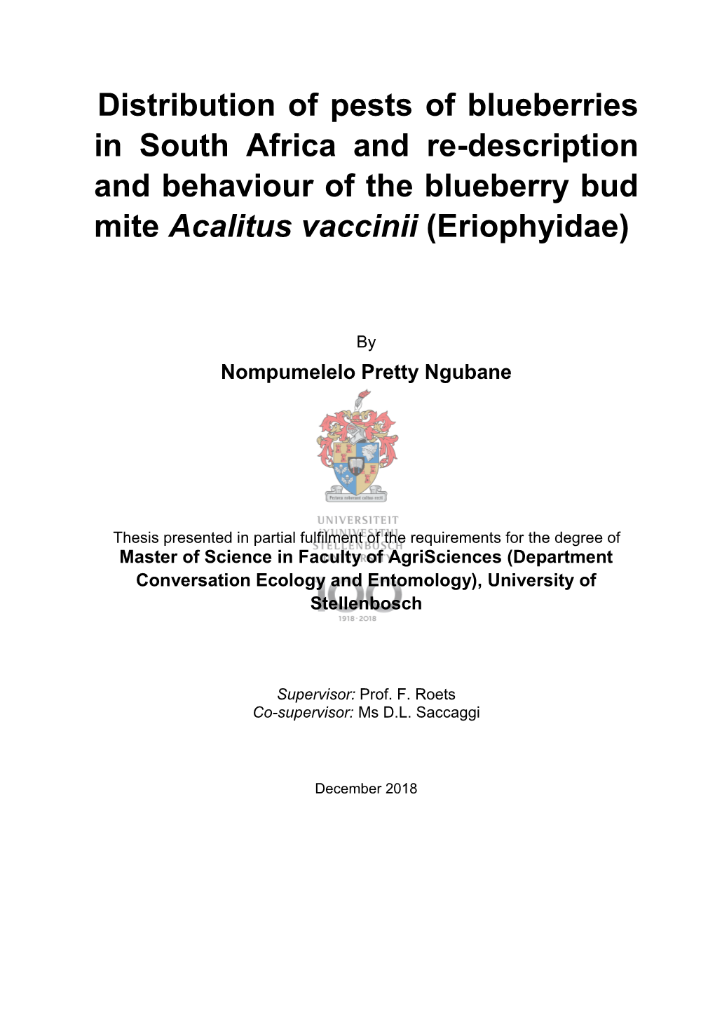 Distribution of Pests of Blueberries in South Africa and Re-Description and Behaviour of the Blueberry Bud Mite Acalitus Vaccinii (Eriophyidae)