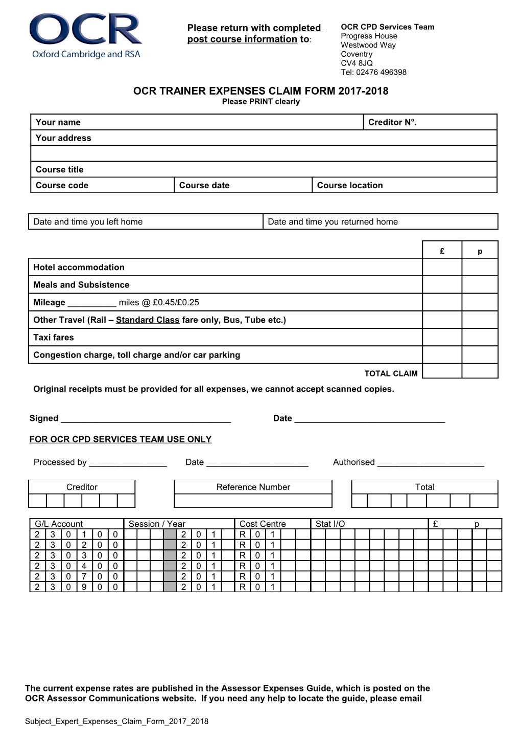 Ocr Trainer Expenses Claim Form 2017-2018