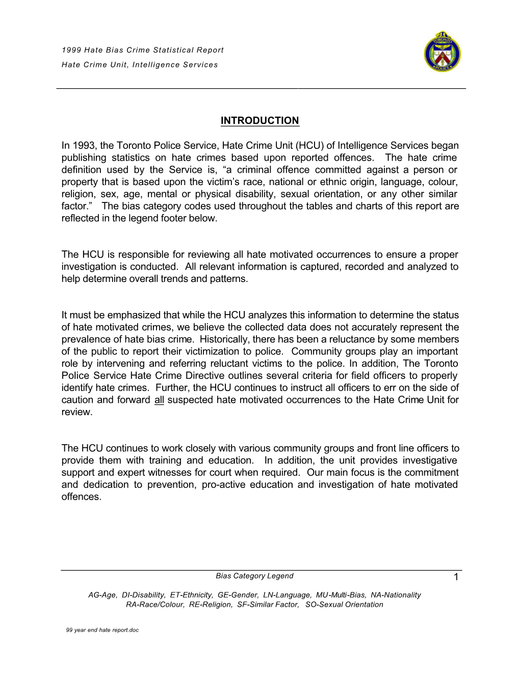 1 INTRODUCTION in 1993, the Toronto Police Service, Hate Crime Unit (HCU) of Intelligence Services Began Publishing Statistics O